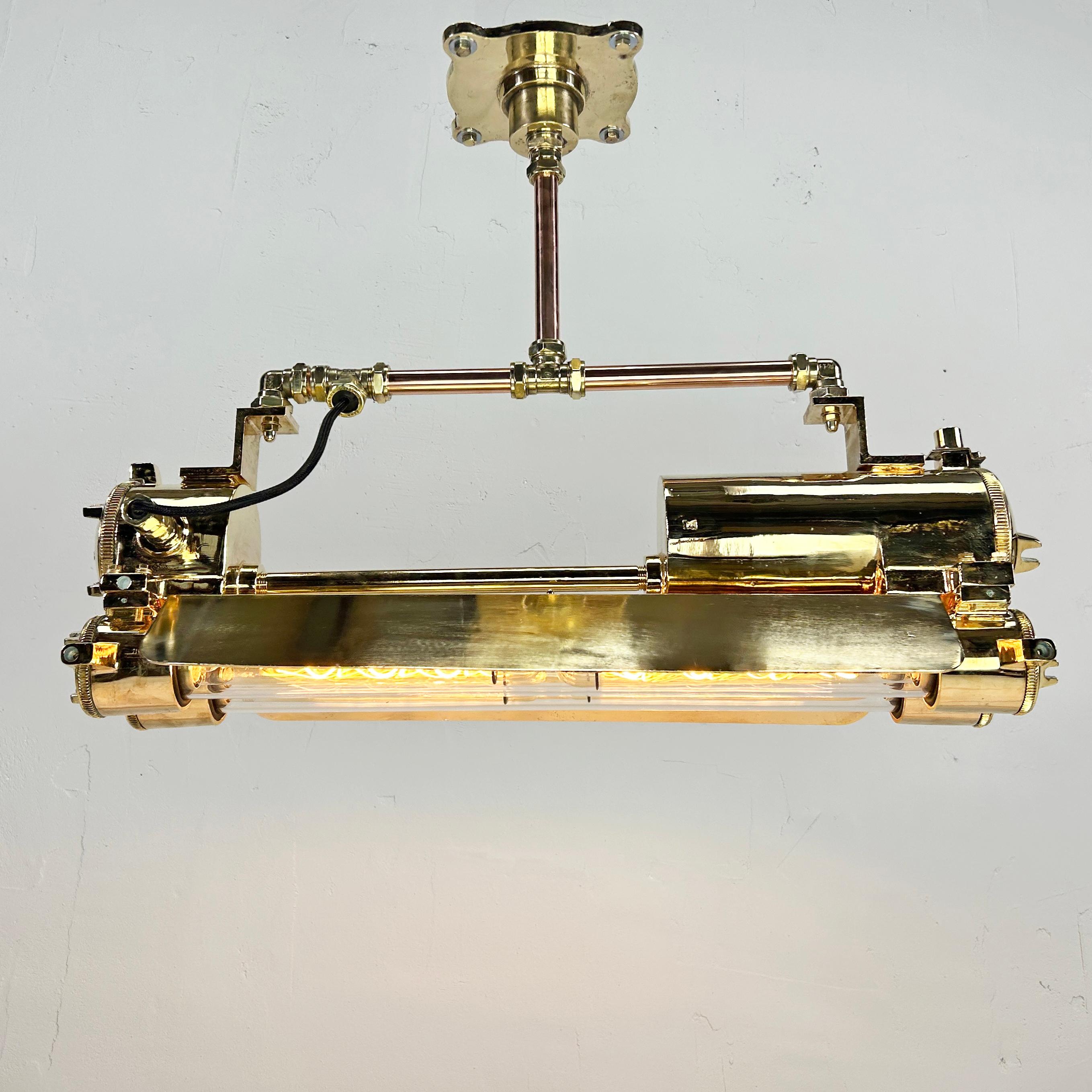 Aluminum 1970s Industrial Brass & Glass Flameproof Tube Light with Shades & Edison Lamps For Sale