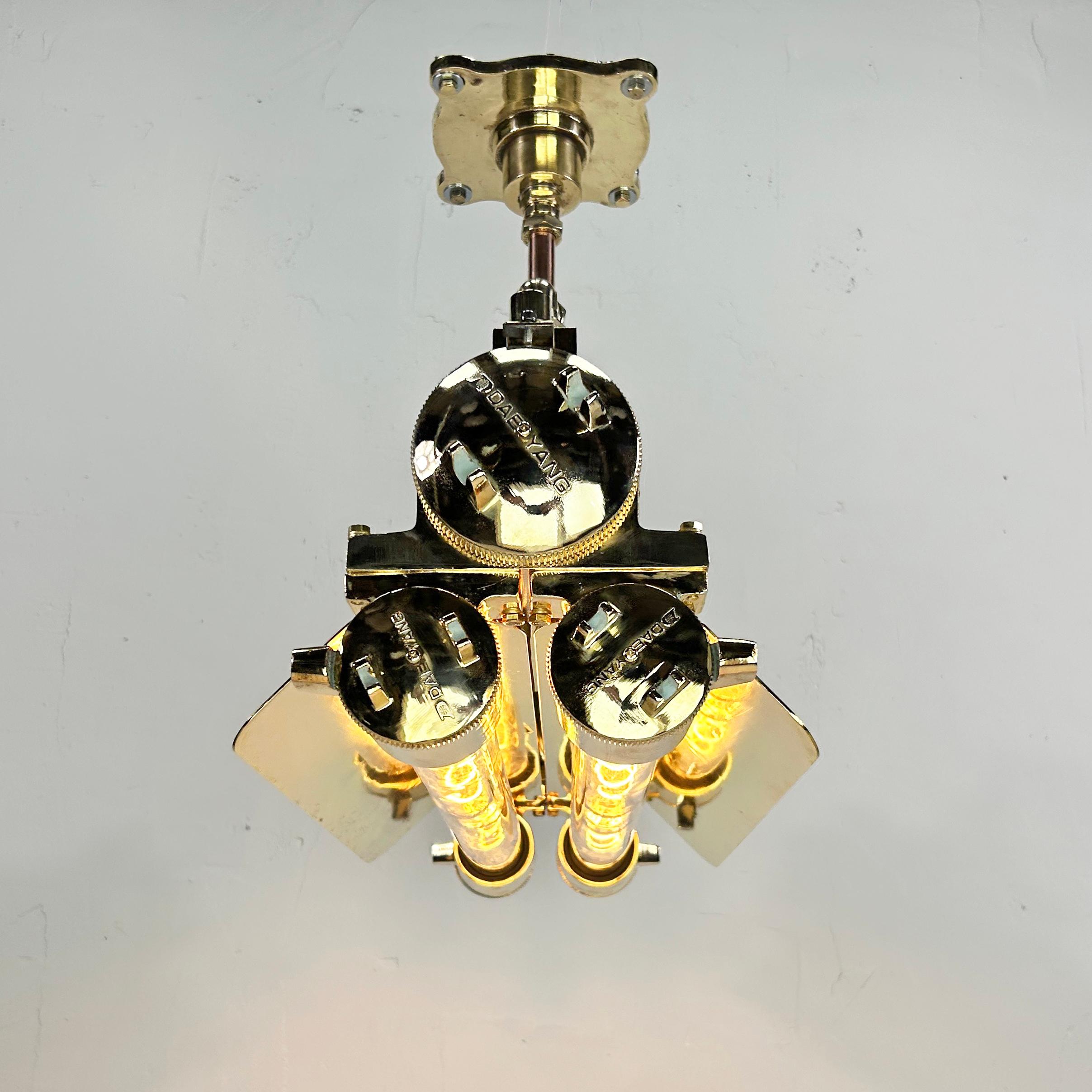 1970s Industrial Brass & Glass Flameproof Tube Light with Shades & Edison Lamps For Sale 1
