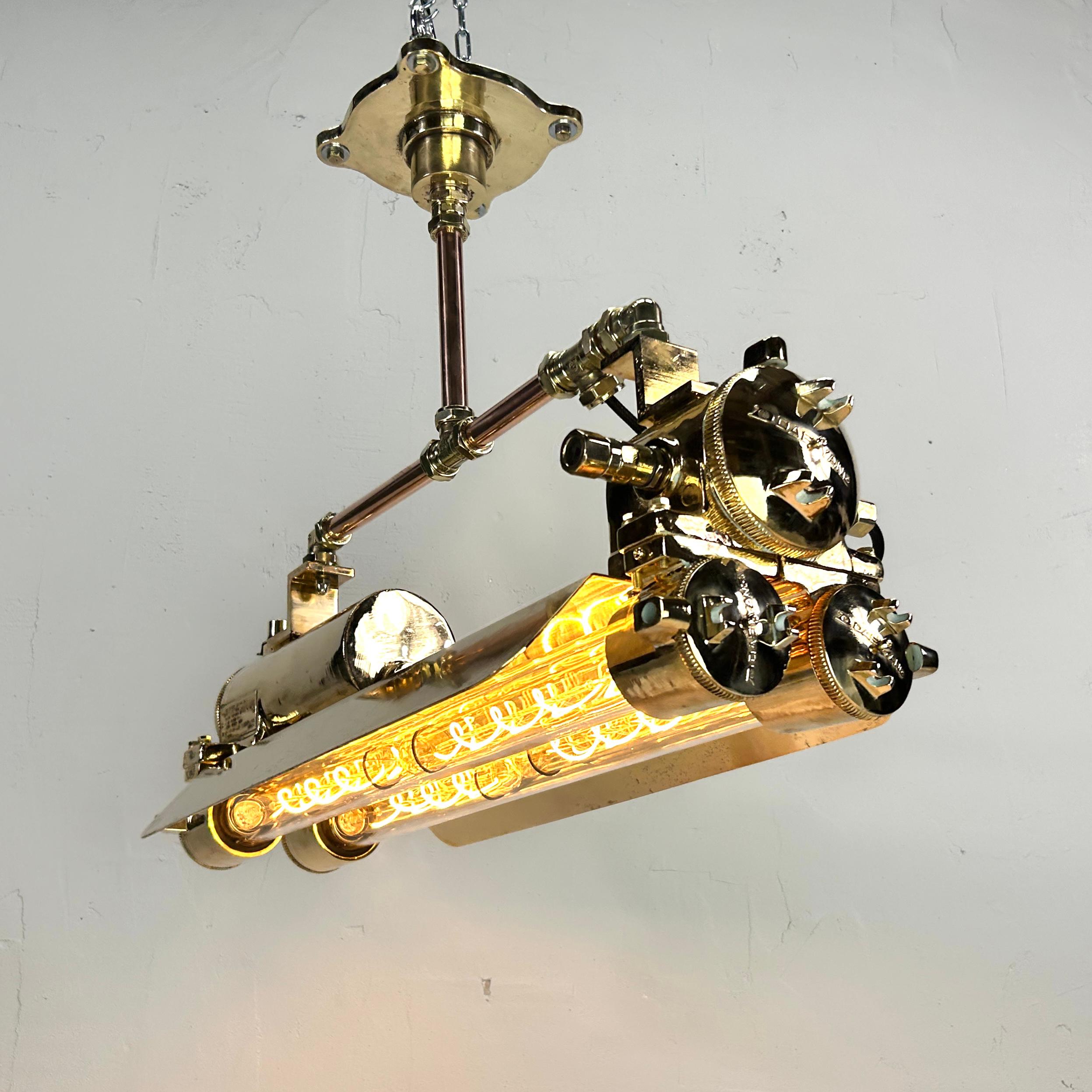 1970s Industrial Brass & Glass Flameproof Tube Light with Shades & Edison Lamps For Sale 2