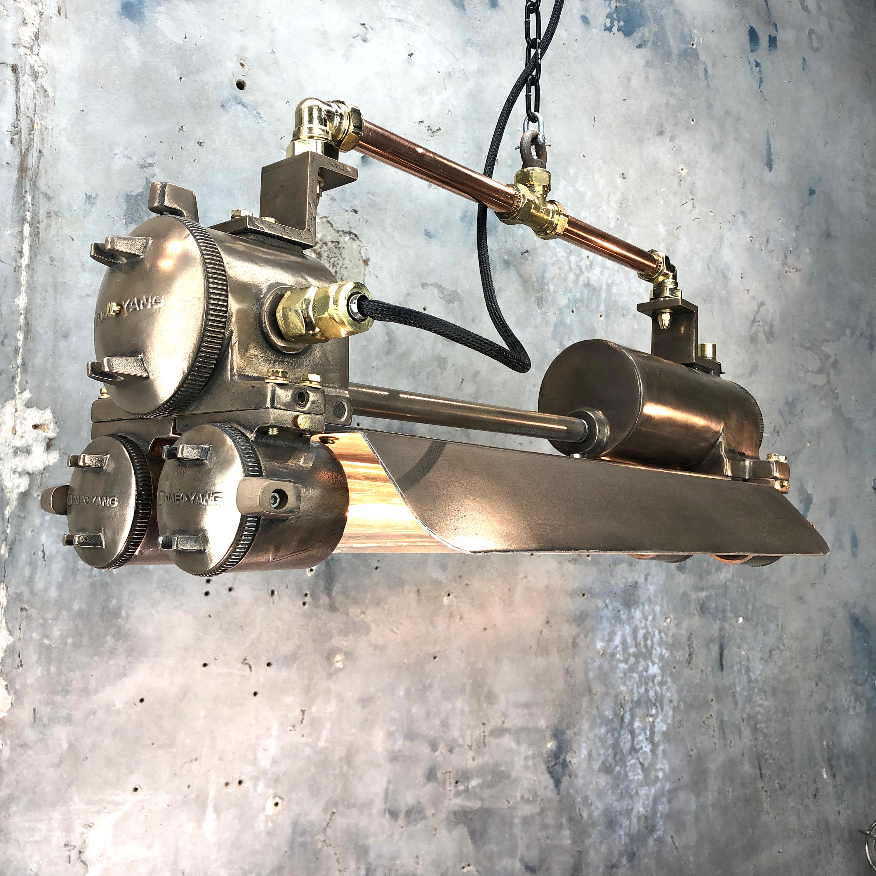1970s Industrial Bronze, Polished Brass & Glass Flameproof Tube Light with Shade For Sale 5