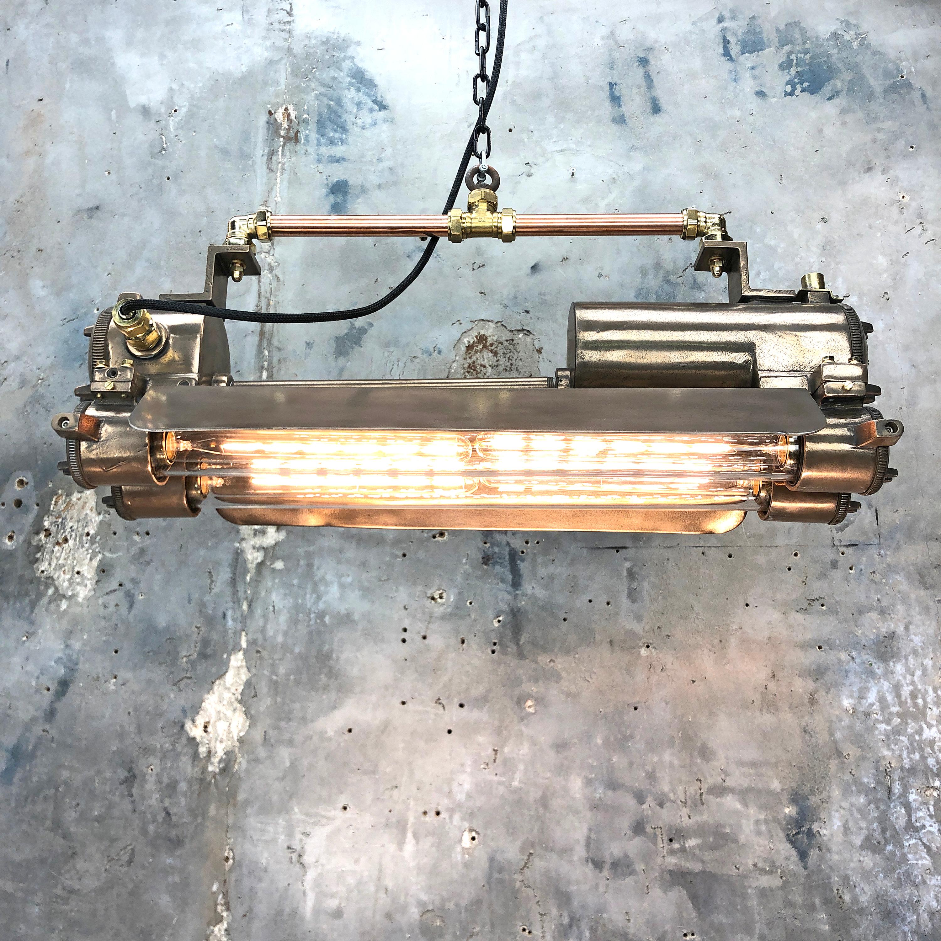 1970s Industrial Bronze, Polished Brass & Glass Flameproof Tube Light with Shade For Sale 11