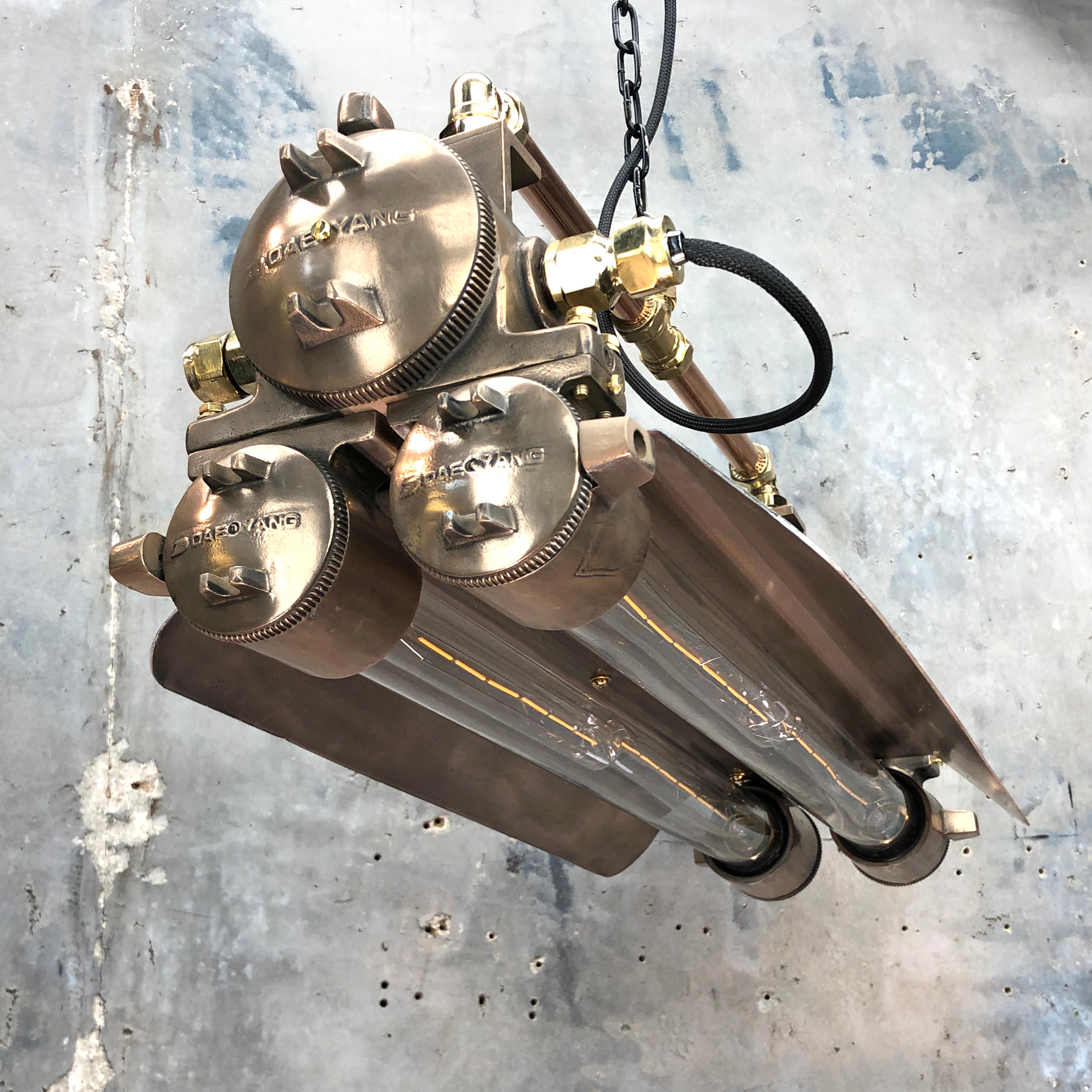 1970s Industrial Bronze, Polished Brass & Glass Flameproof Tube Light with Shade For Sale 1