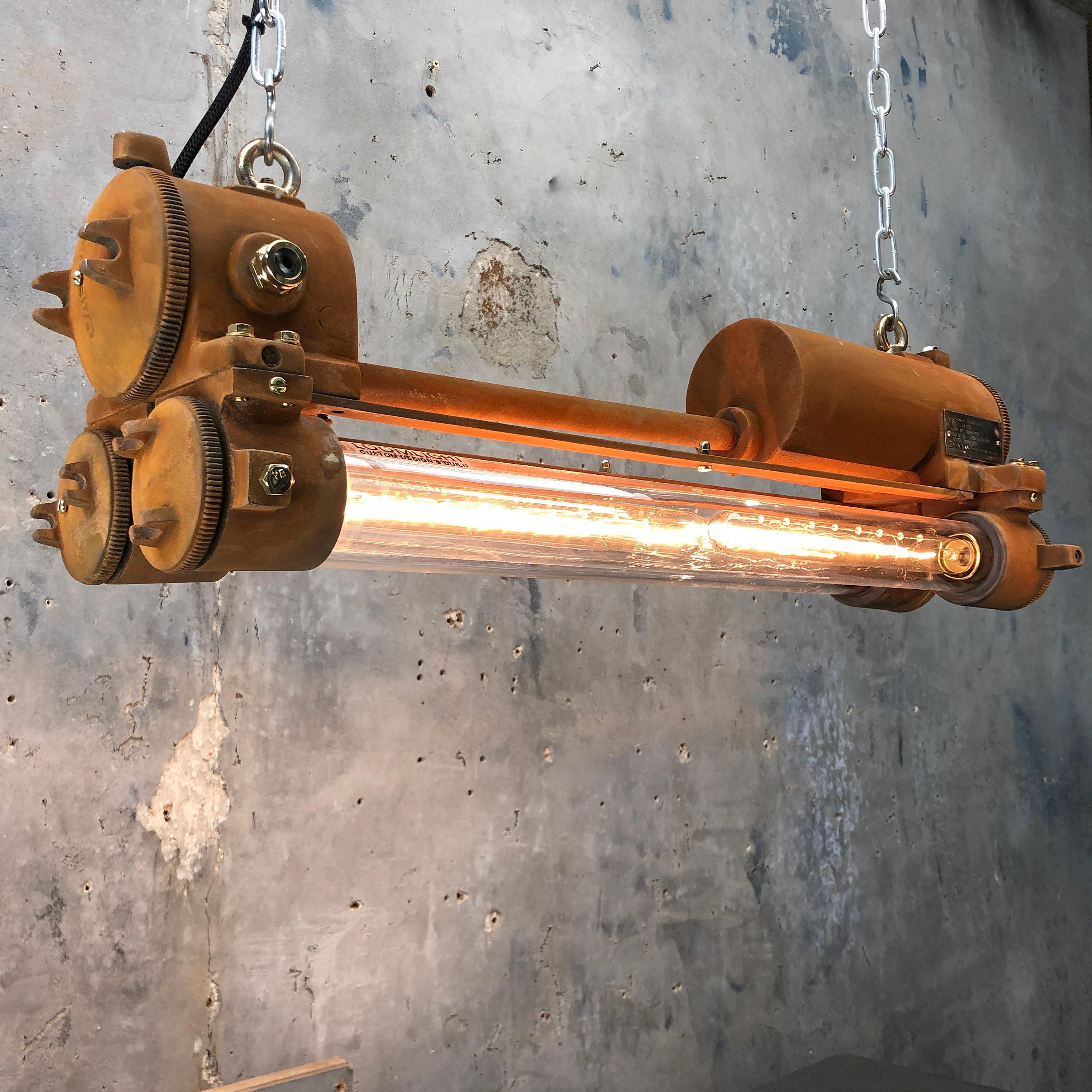 Late 20th Century 1970s Industrial Cast Aluminium and Brass Edison Flameproof Striplight, Rust For Sale