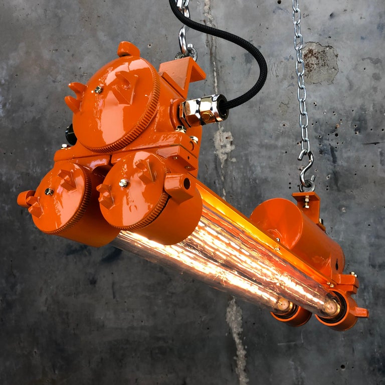 1970s Industrial Cast Aluminium and Brass Flame Proof Edison Striplight, Orange For Sale 4
