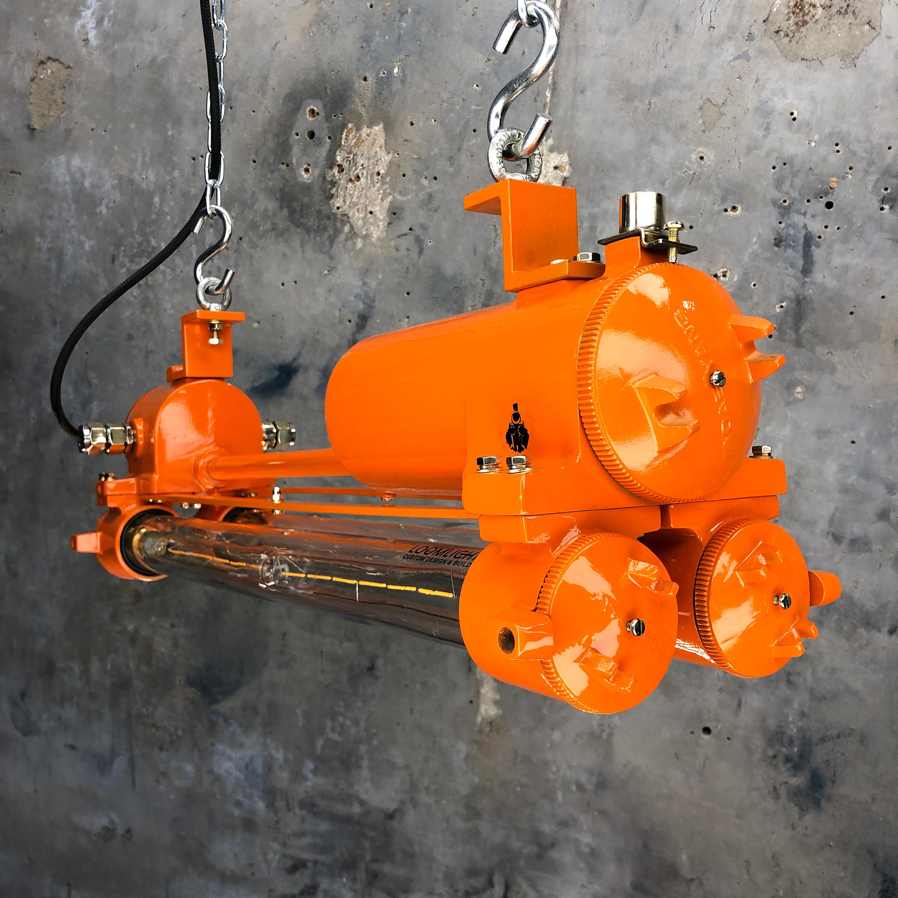 1970s Industrial Cast Aluminium and Brass Flame Proof Edison Striplight, Orange For Sale 7