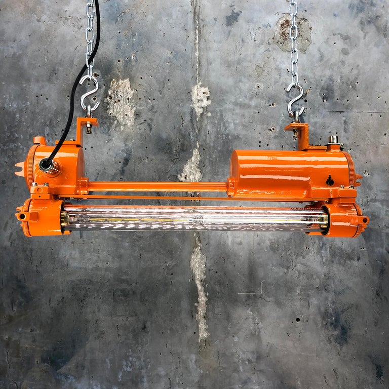 1970s Industrial Cast Aluminium and Brass Flame Proof Edison Striplight, Orange In Excellent Condition For Sale In Leicester, Leicestershire