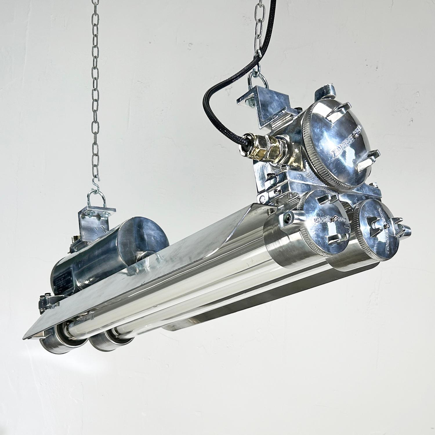 1970s Industrial Cast Aluminium, Glass and Brass Flameproof Strip Light & Shade For Sale 7