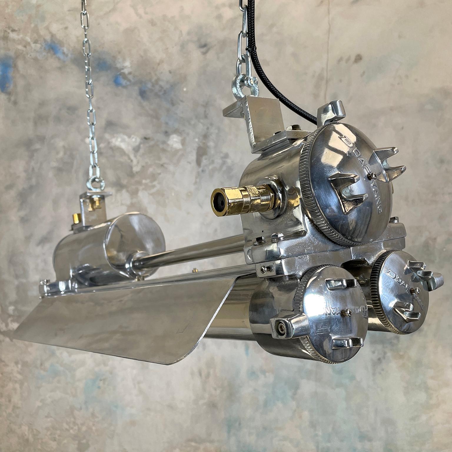 1970s Industrial Cast Aluminium, Glass and Brass Flameproof Strip Light & Shade 7