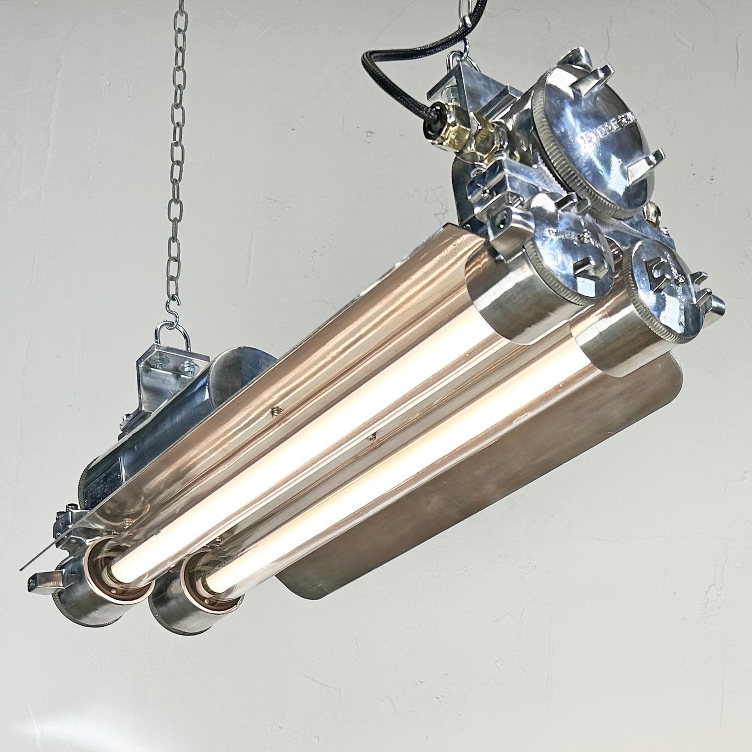 1970s Industrial Cast Aluminium, Glass and Brass Flameproof Strip Light & Shade For Sale 11