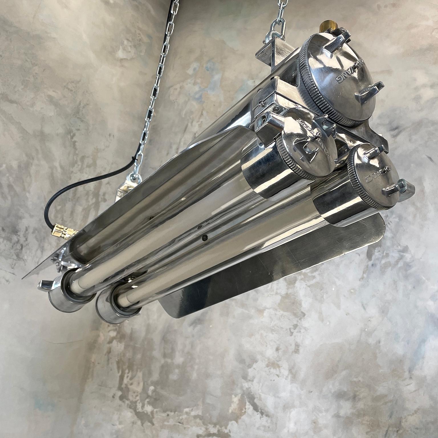 1970s Industrial Cast Aluminium, Glass and Brass Flameproof Strip Light & Shade 11