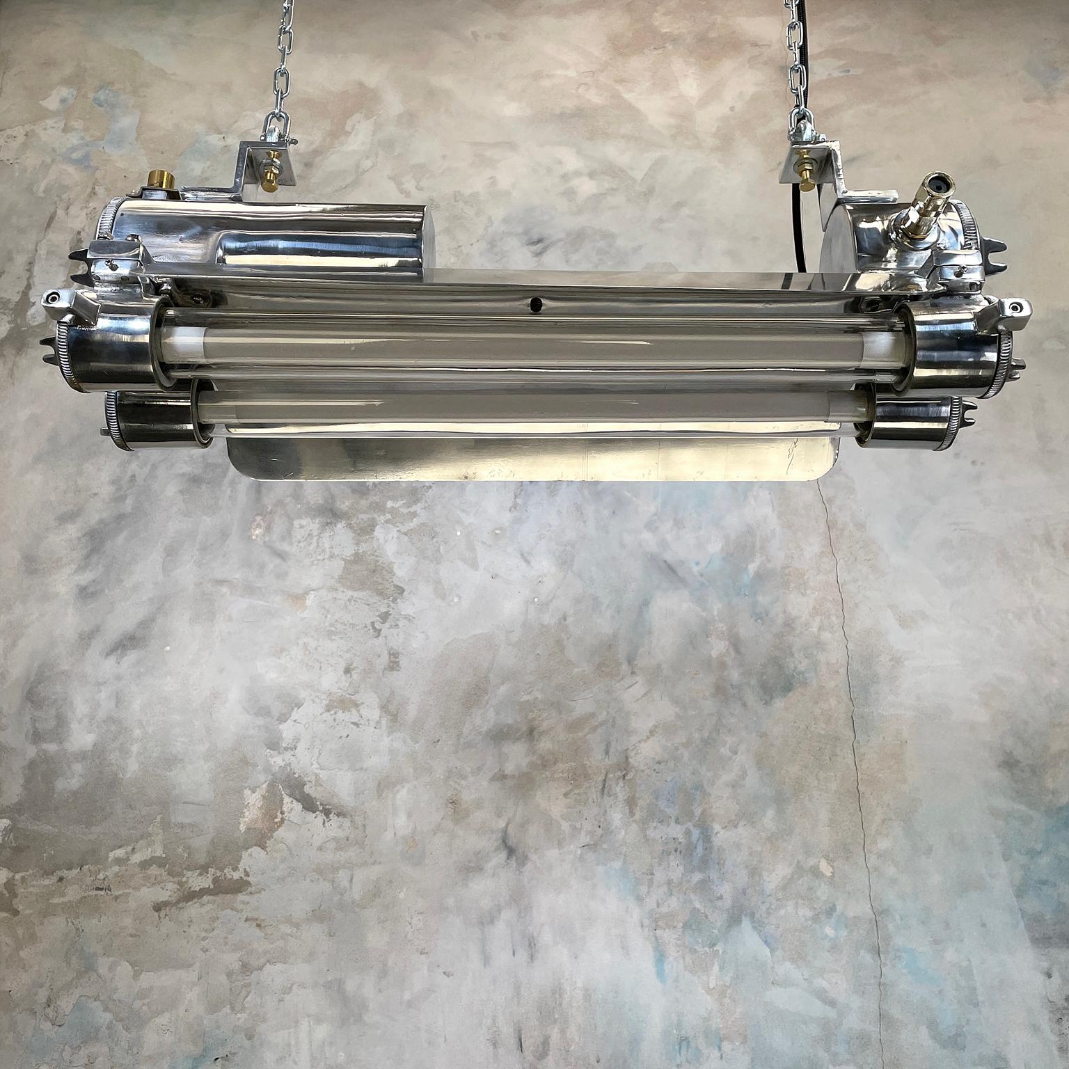 1970s Industrial Cast Aluminium, Glass and Brass Flameproof Strip Light & Shade 12