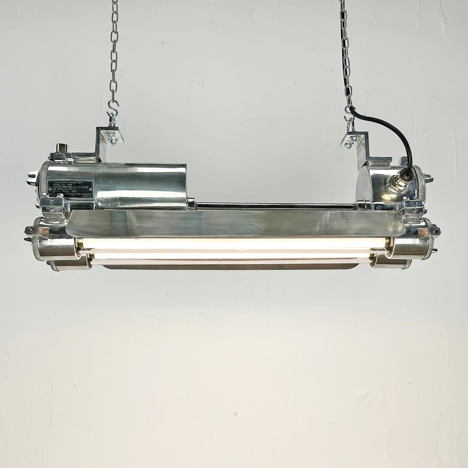 Korean 1970s Industrial Cast Aluminium, Glass and Brass Flameproof Strip Light & Shade For Sale
