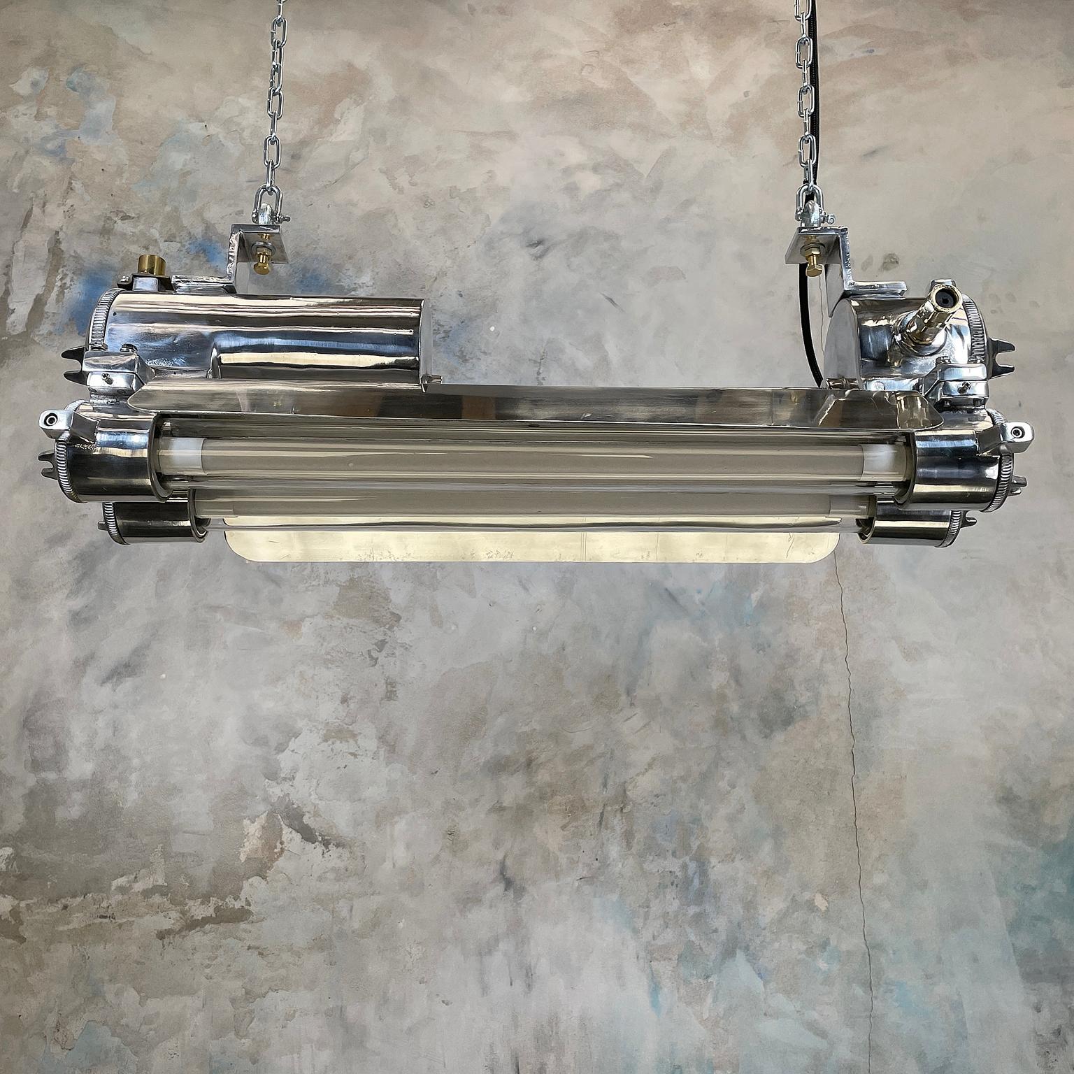 Korean 1970s Industrial Cast Aluminium, Glass and Brass Flameproof Strip Light & Shade