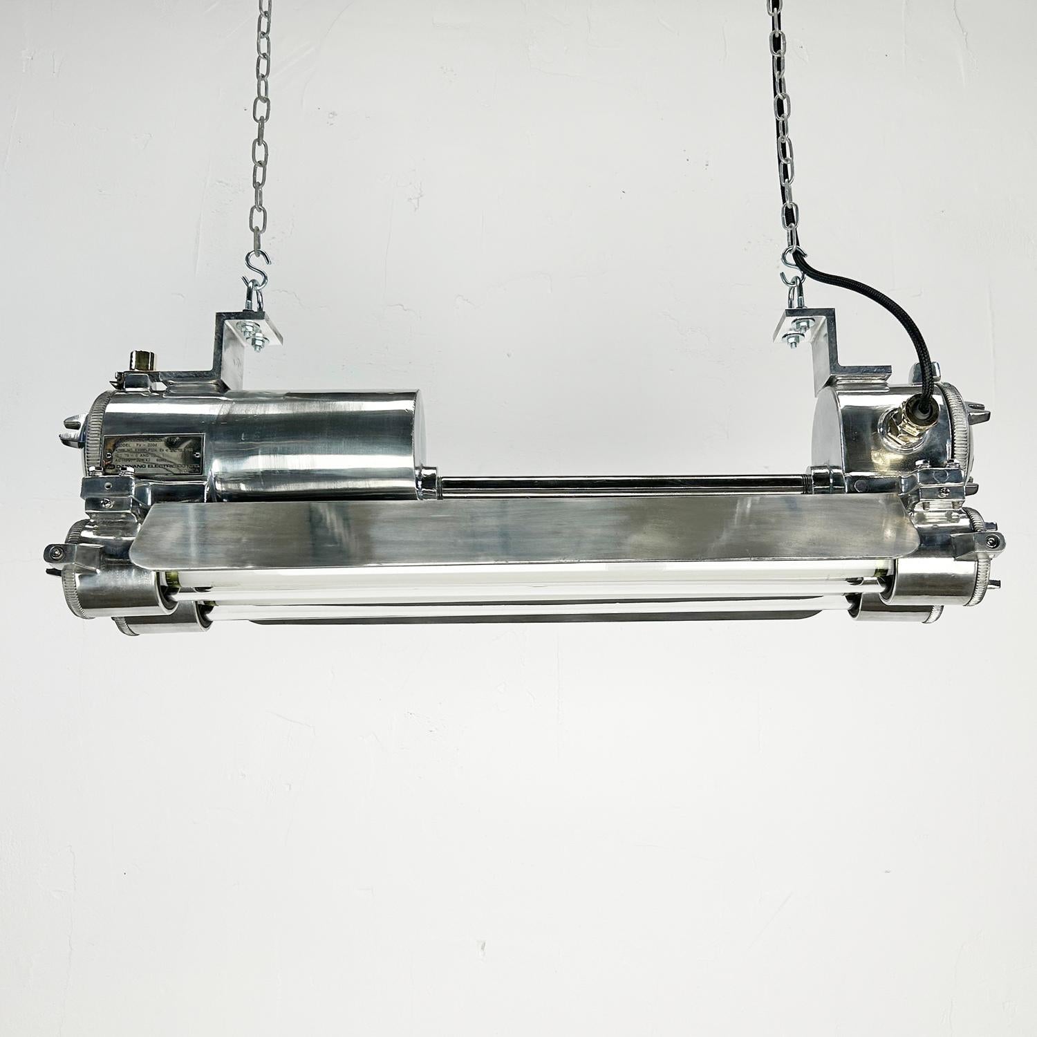 Late 20th Century 1970s Industrial Cast Aluminium, Glass and Brass Flameproof Strip Light & Shade For Sale