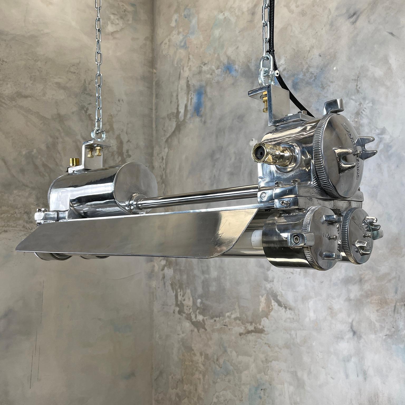 1970s Industrial Cast Aluminium, Glass and Brass Flameproof Strip Light & Shade In Good Condition In Leicester, Leicestershire