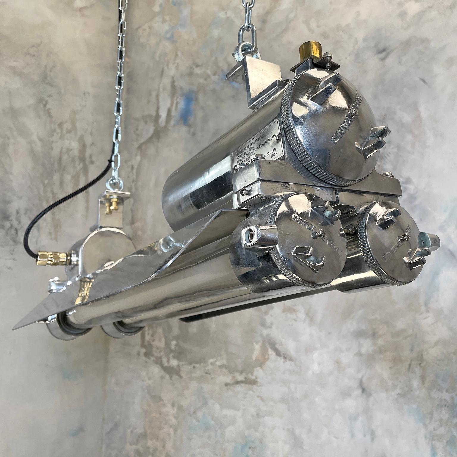 Late 20th Century 1970s Industrial Cast Aluminium, Glass and Brass Flameproof Strip Light & Shade
