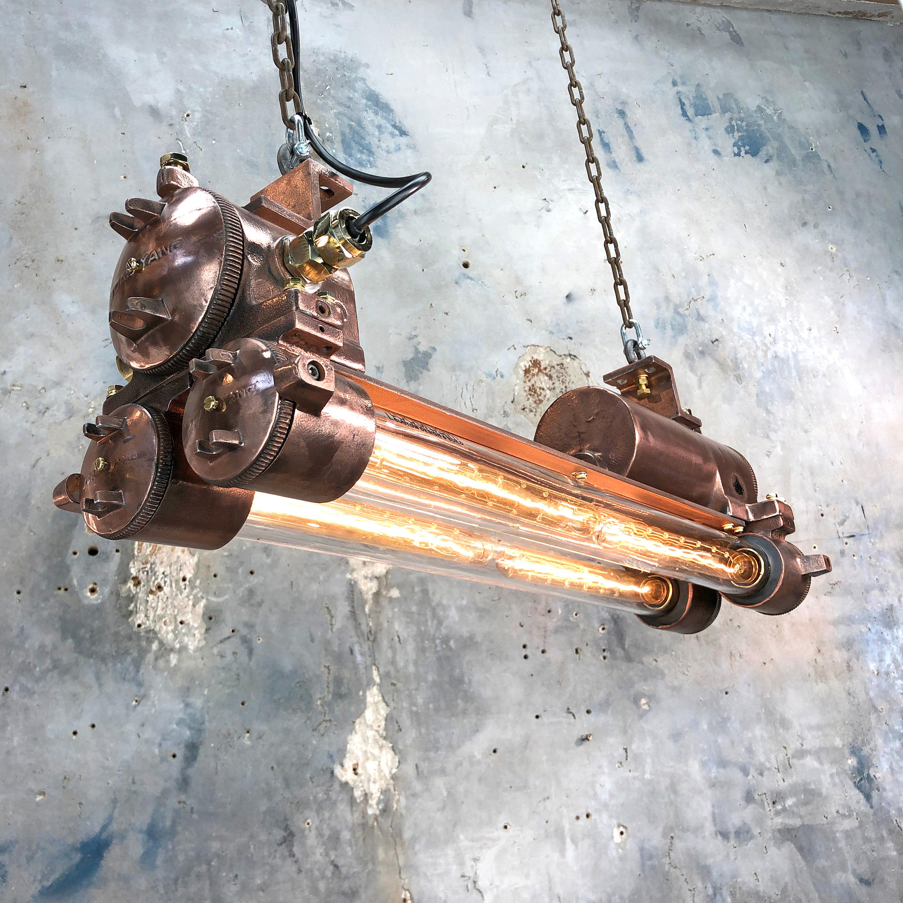 1970s Industrial Copper, Polished Brass and Glass Flameproof Edison Tube Light For Sale 3