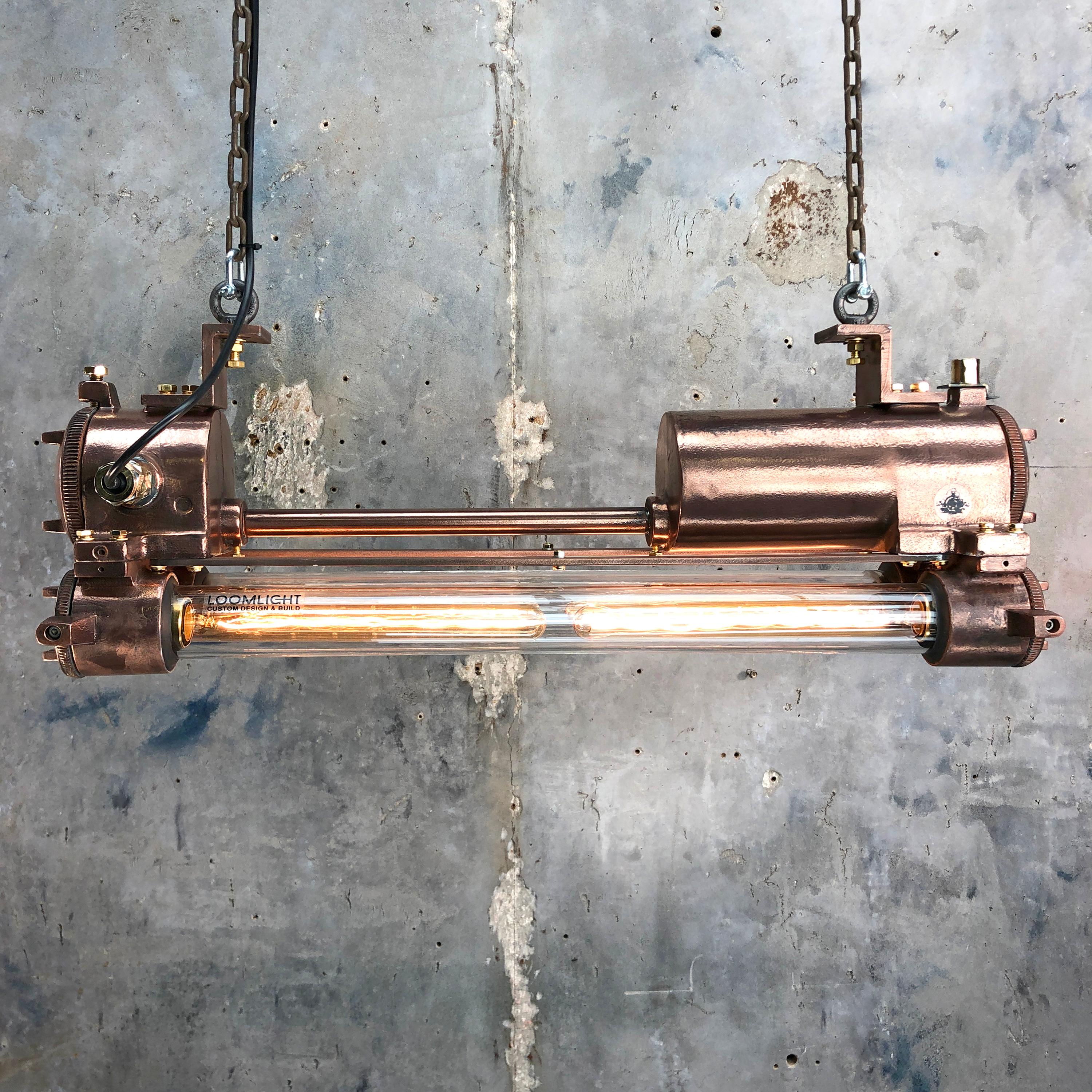 Korean 1970s Industrial Copper, Polished Brass and Glass Flameproof Edison Tube Light For Sale