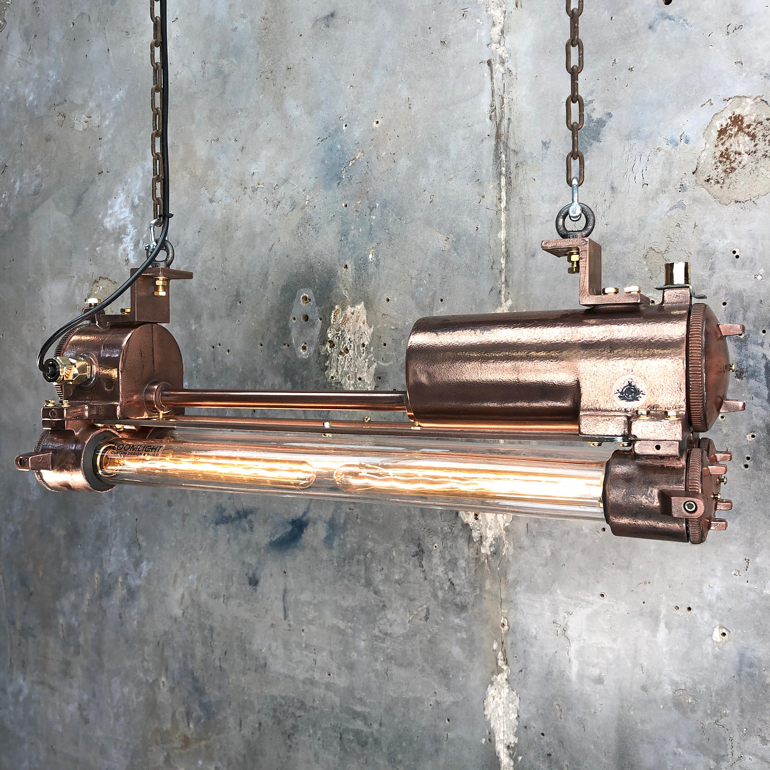 Cast 1970s Industrial Copper, Polished Brass and Glass Flameproof Edison Tube Light For Sale
