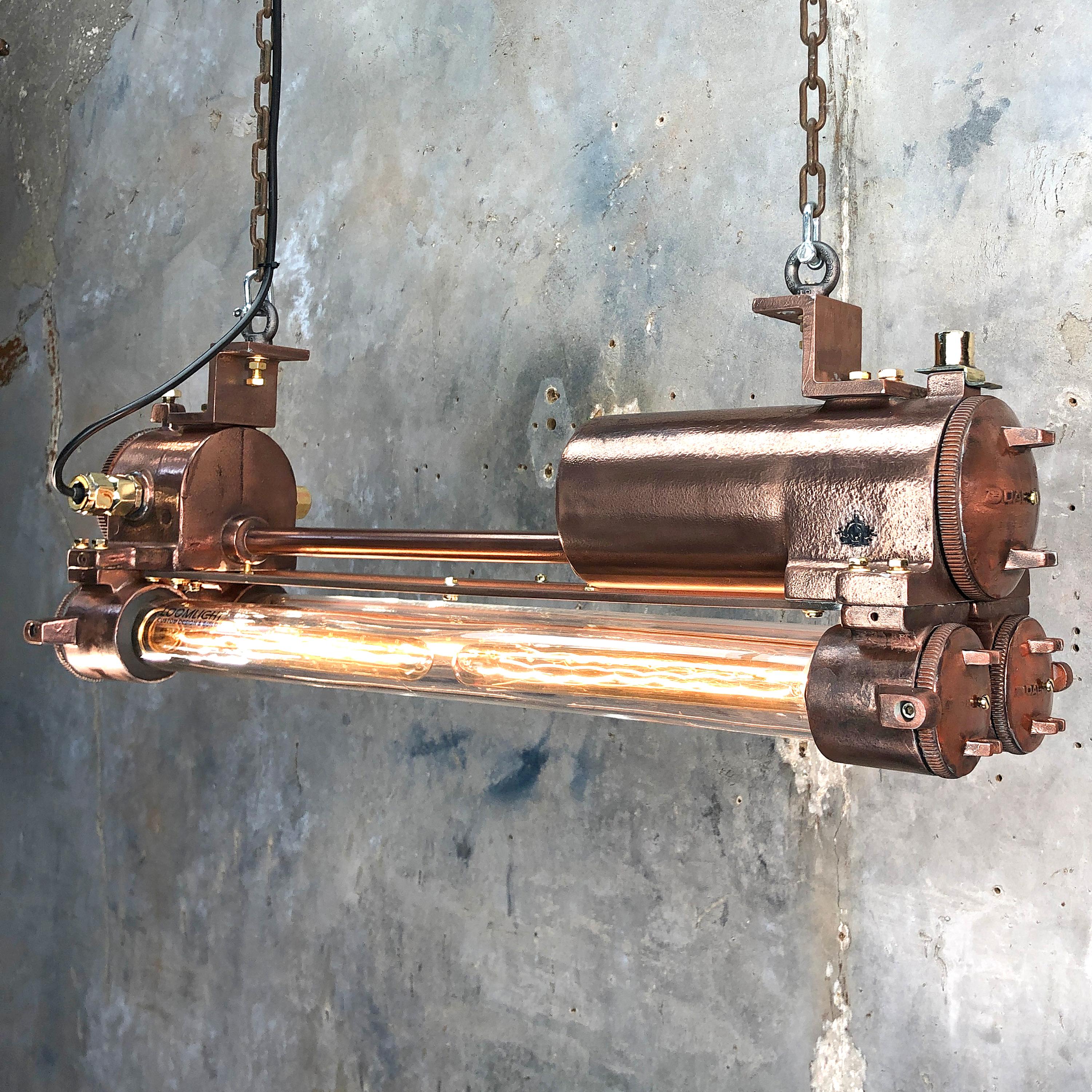1970s Industrial Copper, Polished Brass and Glass Flameproof Edison Tube Light In Good Condition For Sale In Leicester, Leicestershire
