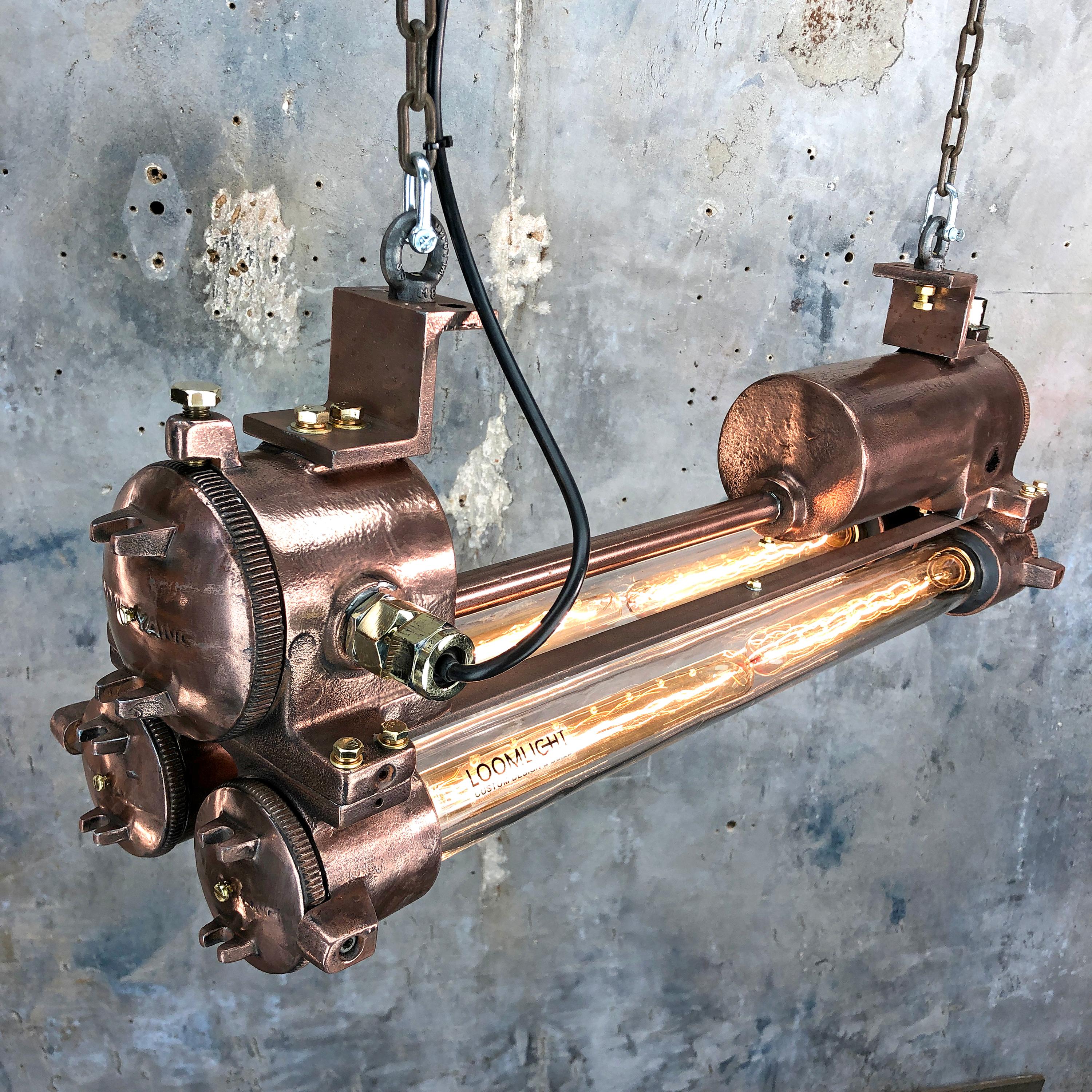 Lámpara industrial de tubo Edison de cobre, latón pulido y vidrio ignífugo de los años 70 Industrial