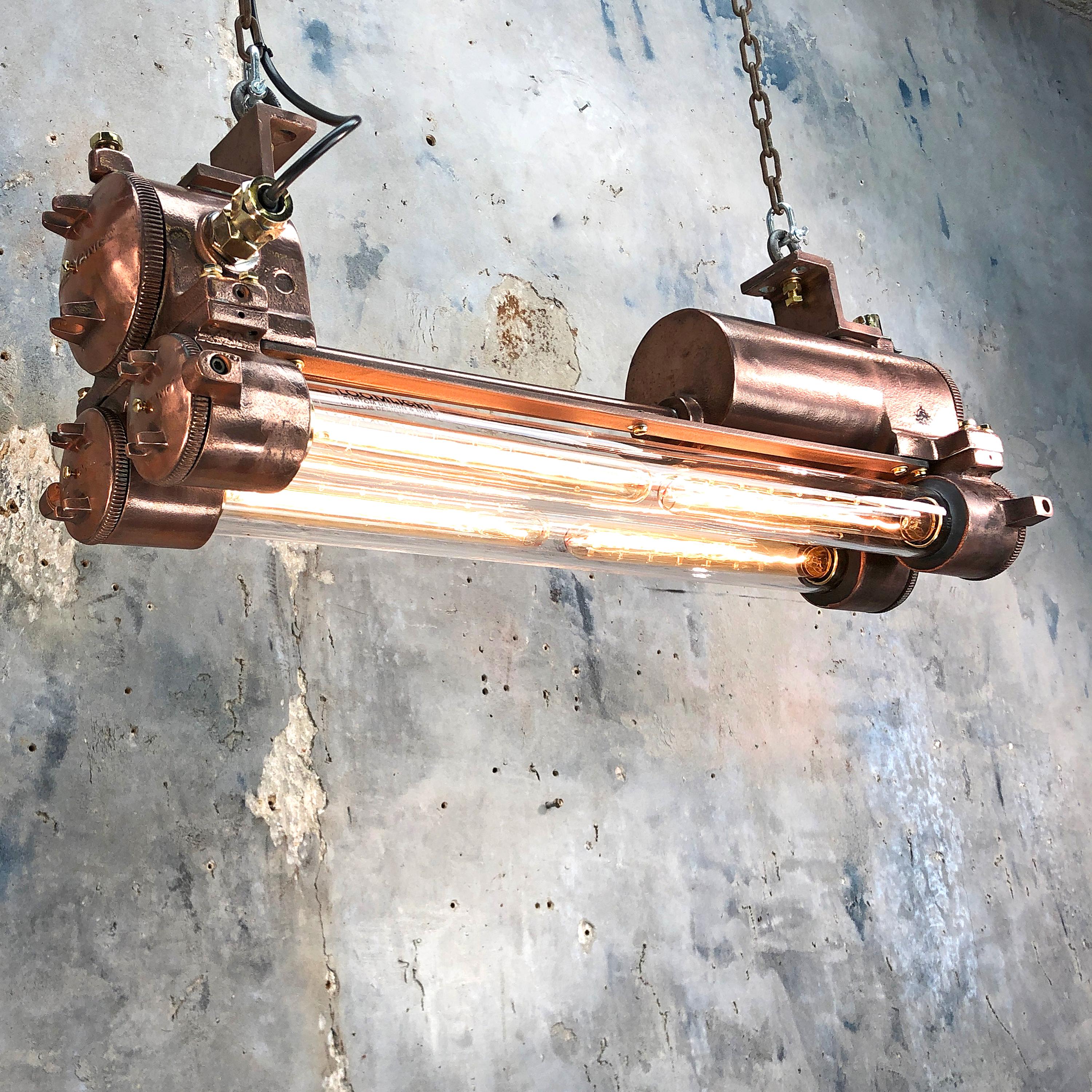 1970s Industrial Copper, Polished Brass and Glass Flameproof Edison Tube Light For Sale 1