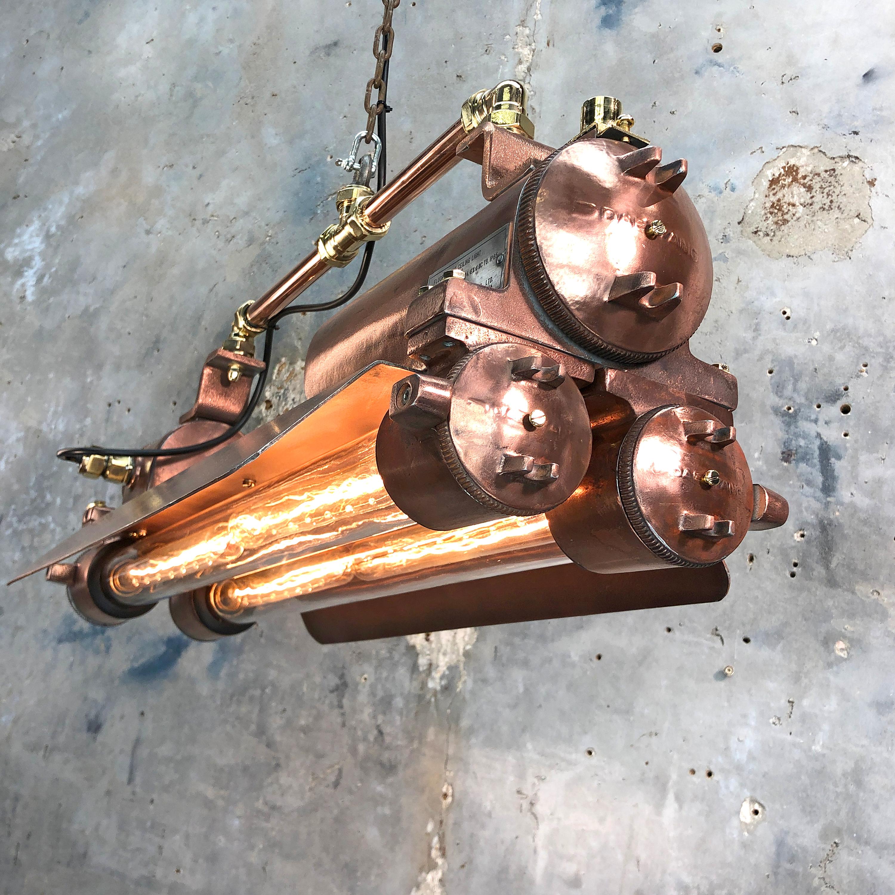 1970s Industrial Copper, Polished Brass & Glass Flameproof Tube Light with Shade For Sale 5