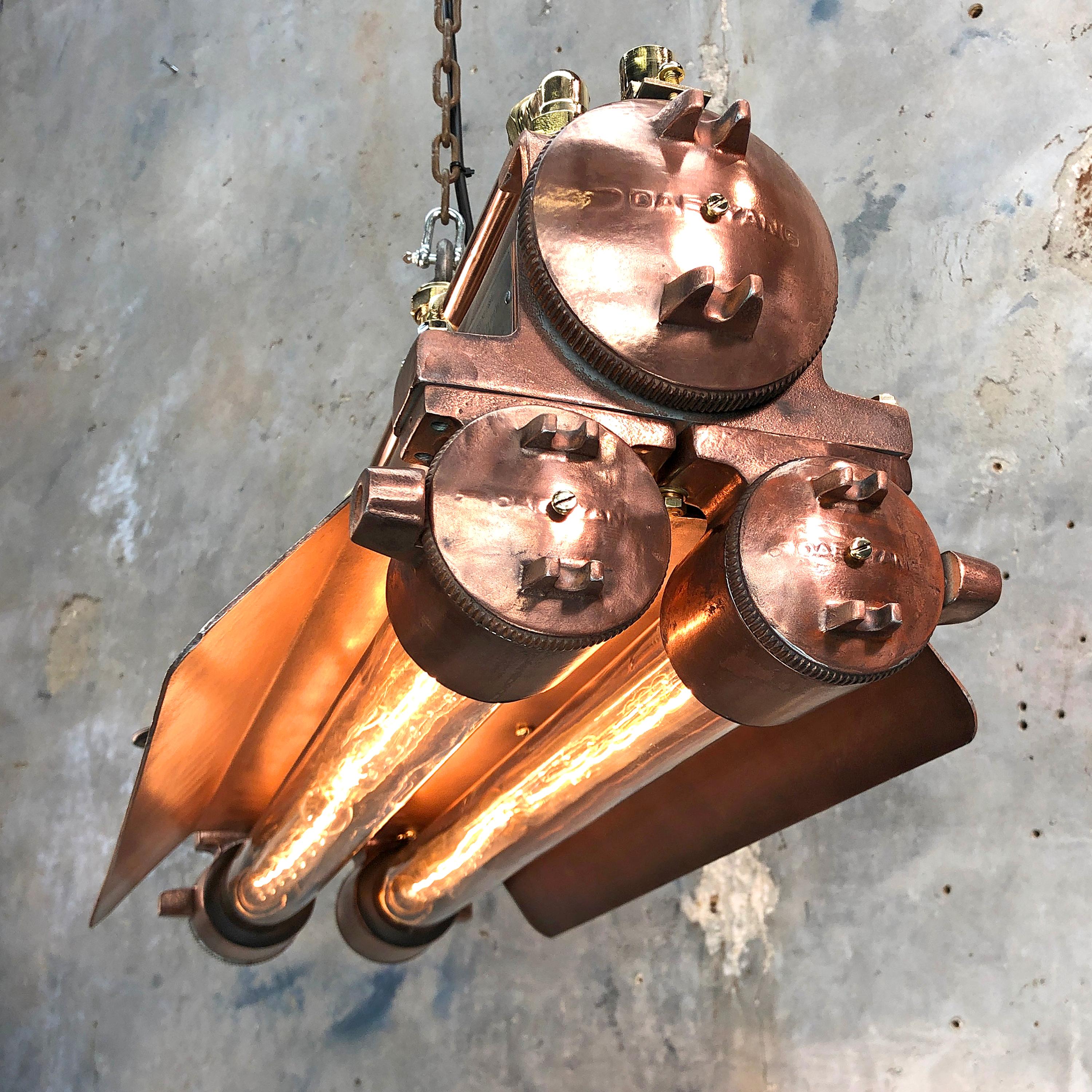 Cast 1970s Industrial Copper, Polished Brass & Glass Flameproof Tube Light with Shade For Sale