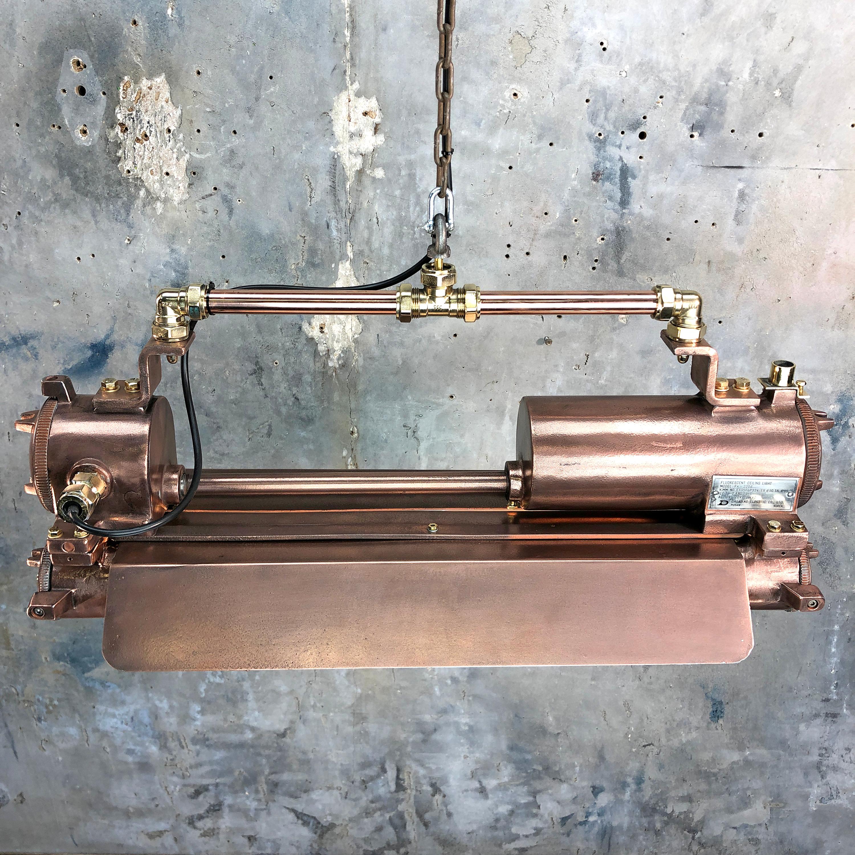20th Century 1970s Industrial Copper, Polished Brass & Glass Flameproof Tube Light with Shade For Sale