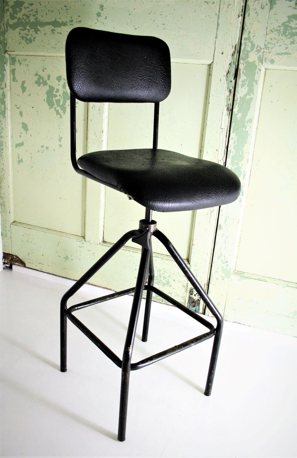 1970s Industrial Factory Swivel Stool with Backrest Sturdy Black metal frame 5
