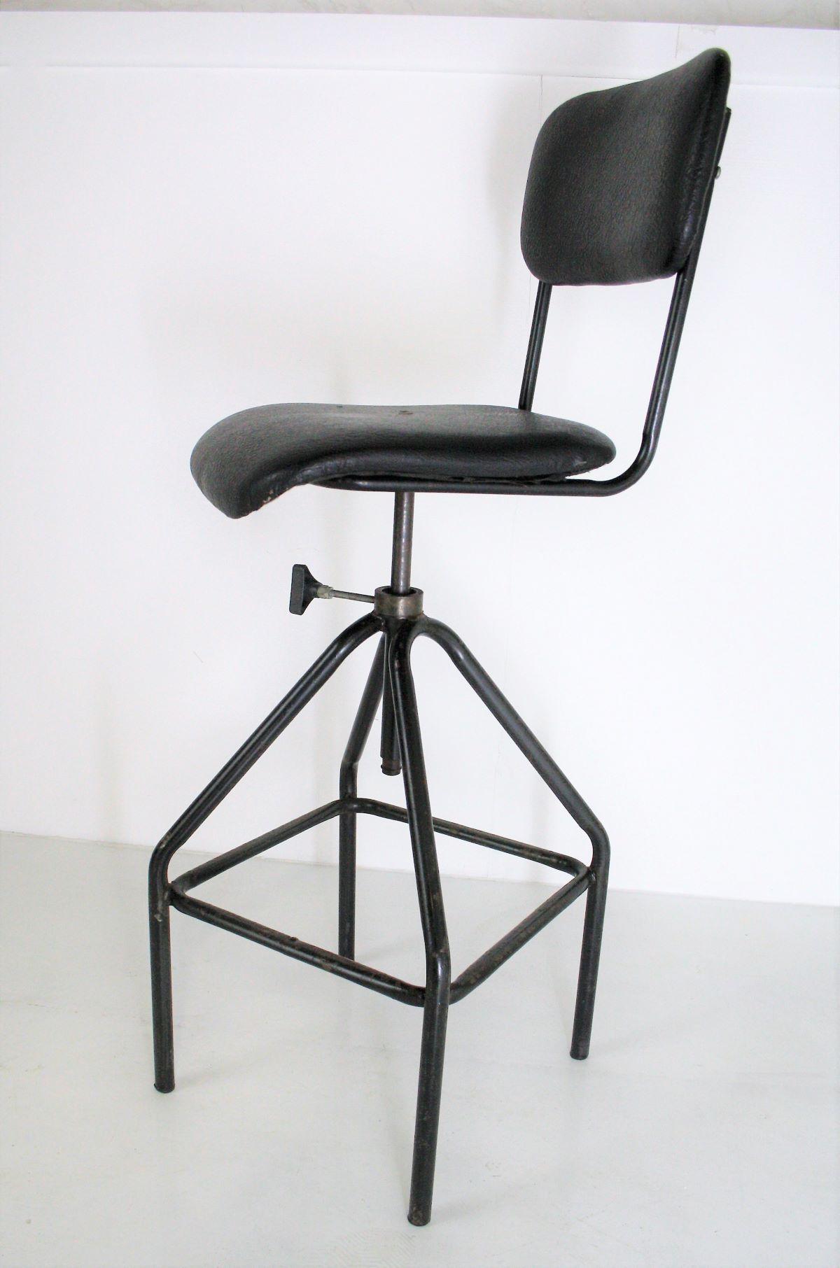 1970s Industrial Factory Swivel Stool with Backrest Sturdy Black metal frame In Good Condition In Llanbrynmair, GB