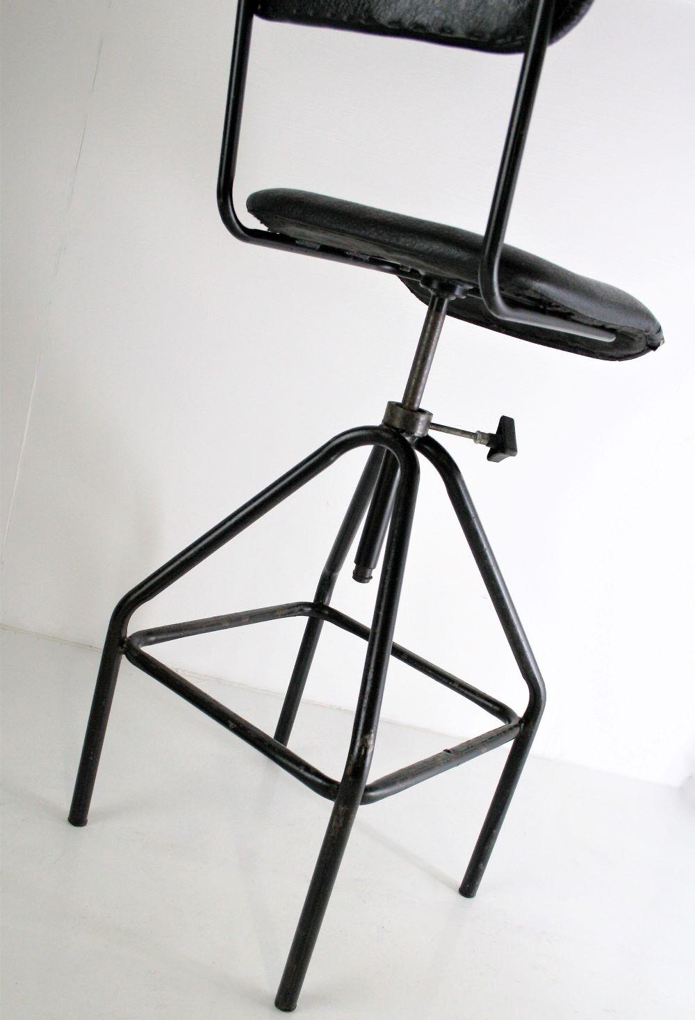 1970s Industrial Factory Swivel Stool with Backrest Sturdy Black metal frame 4