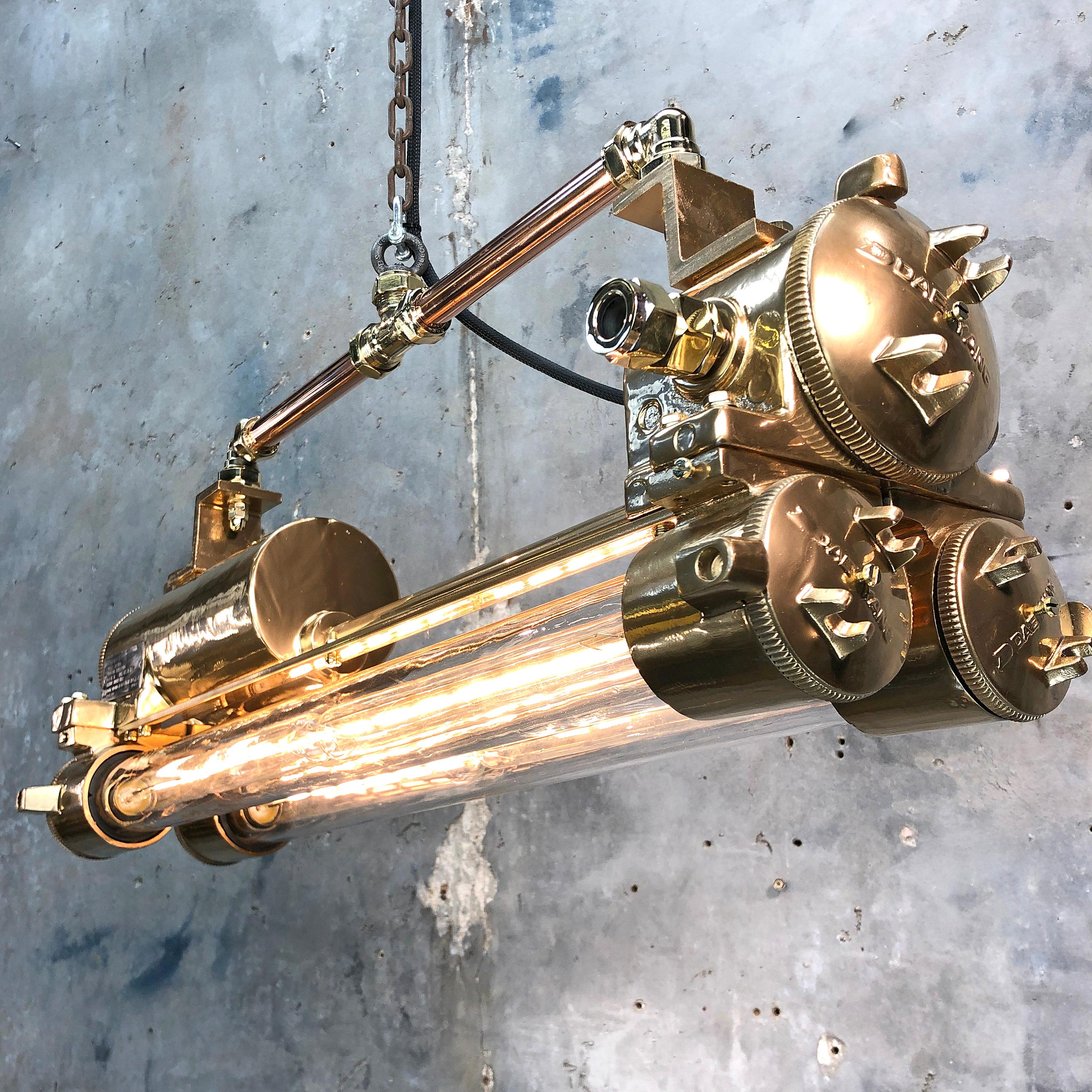 1970s Industrial Gold and Polished Brass and Glass Flameproof Edison Tube Light 10