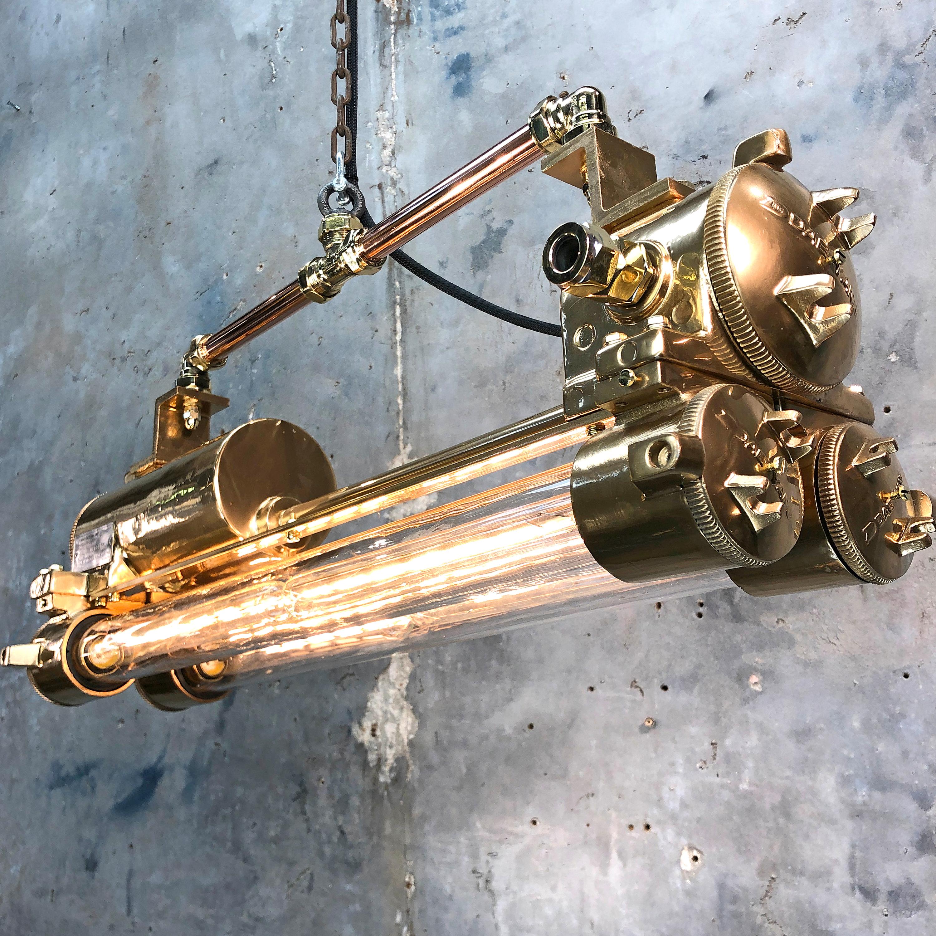 1970s Industrial Gold and Polished Brass and Glass Flameproof Edison Tube Light 11