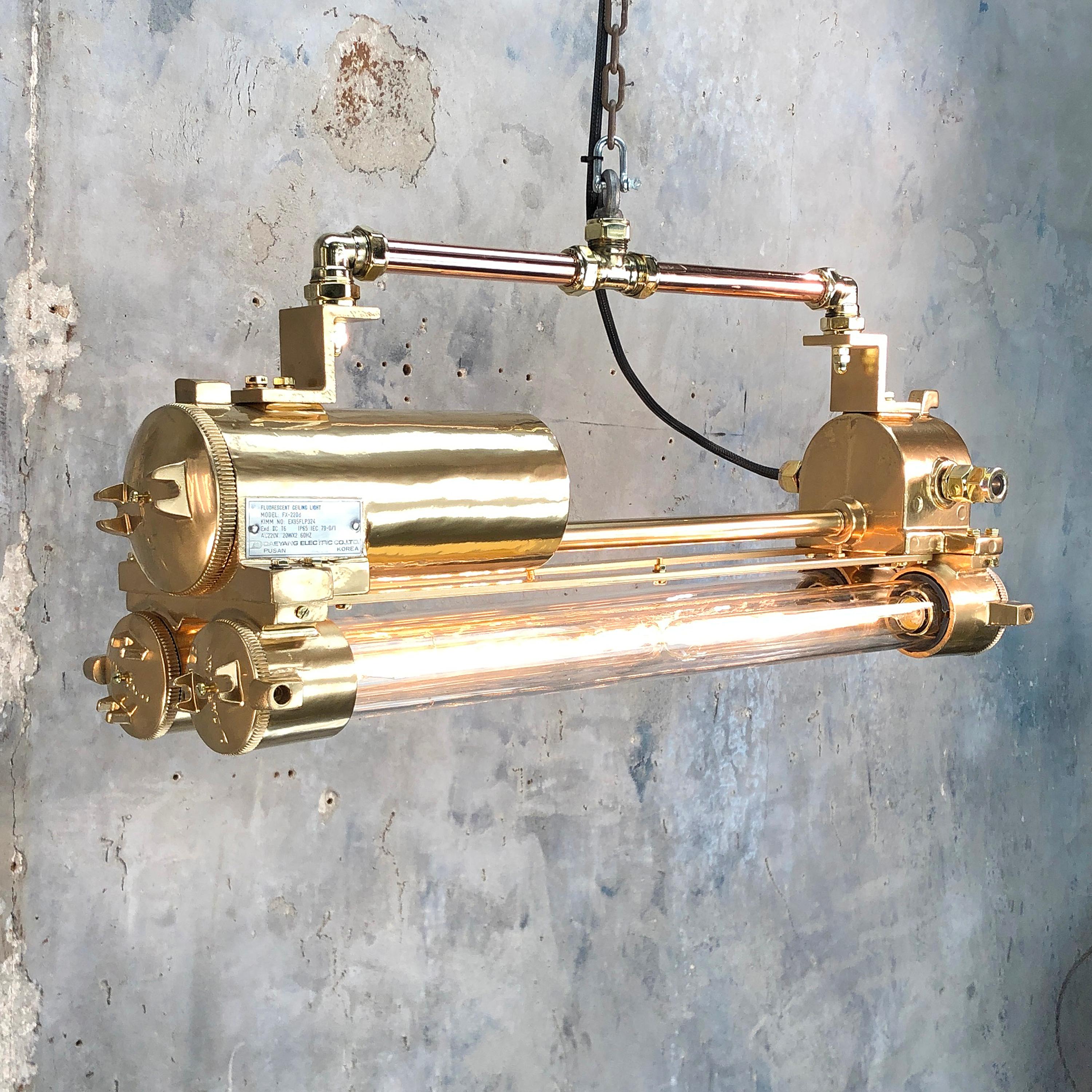 1970s Industrial Gold and Polished Brass and Glass Flameproof Edison Tube Light 12