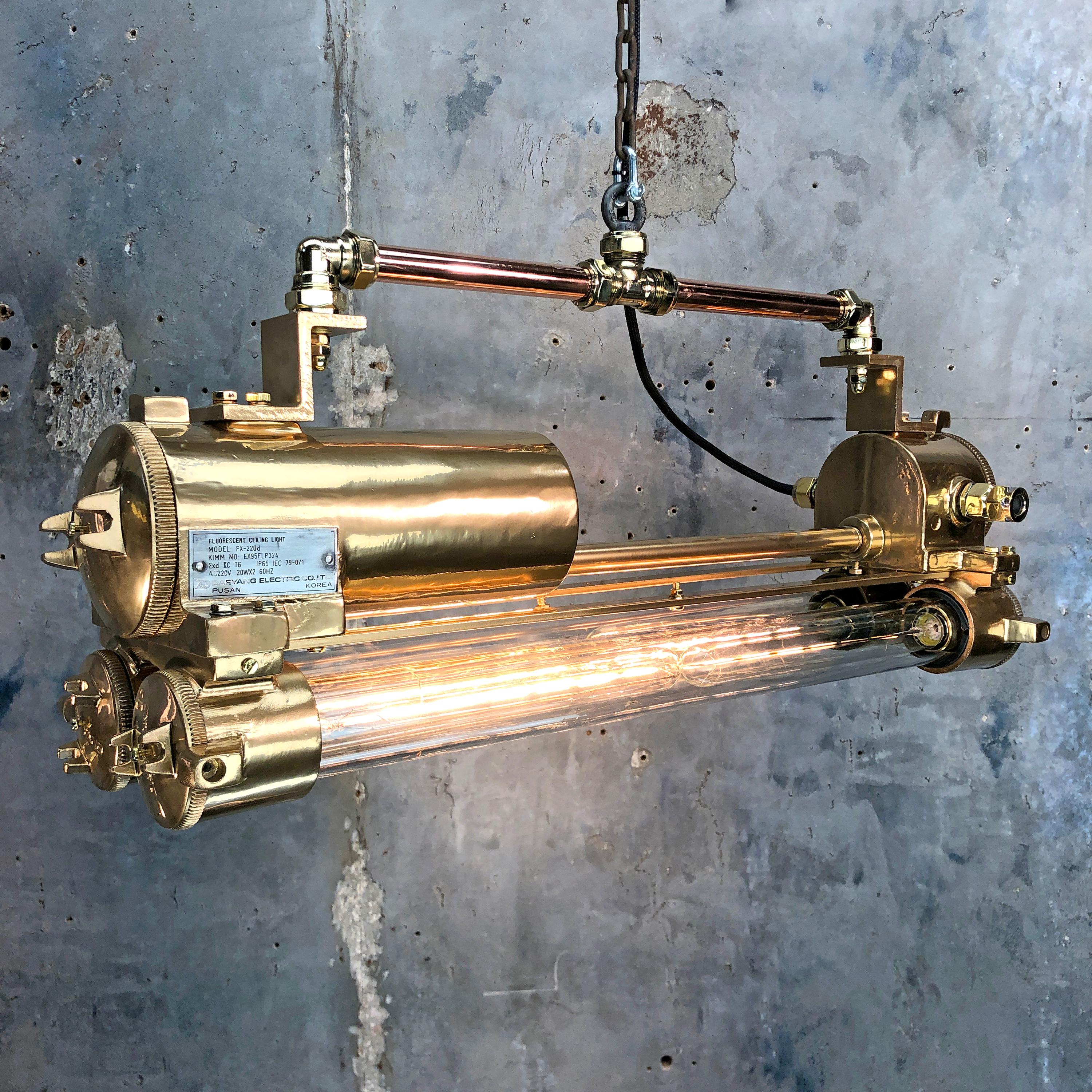 Korean 1970s Industrial Gold and Polished Brass and Glass Flameproof Edison Tube Light