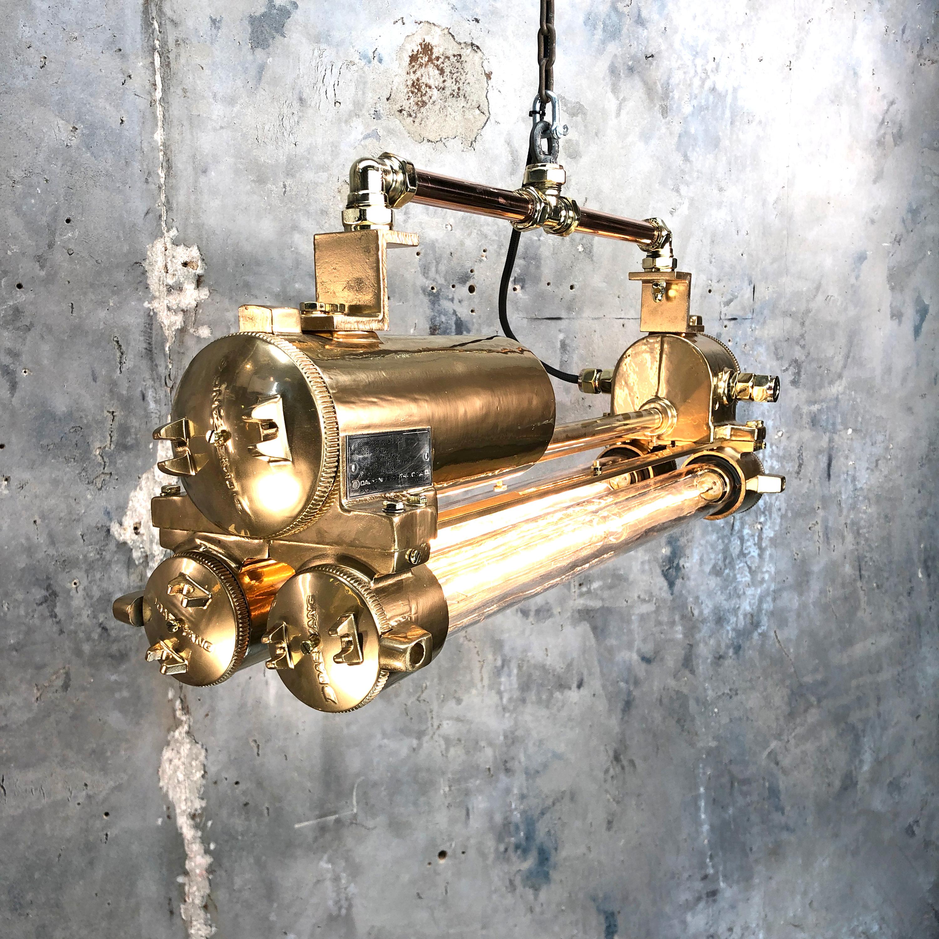 Cast 1970s Industrial Gold and Polished Brass and Glass Flameproof Edison Tube Light