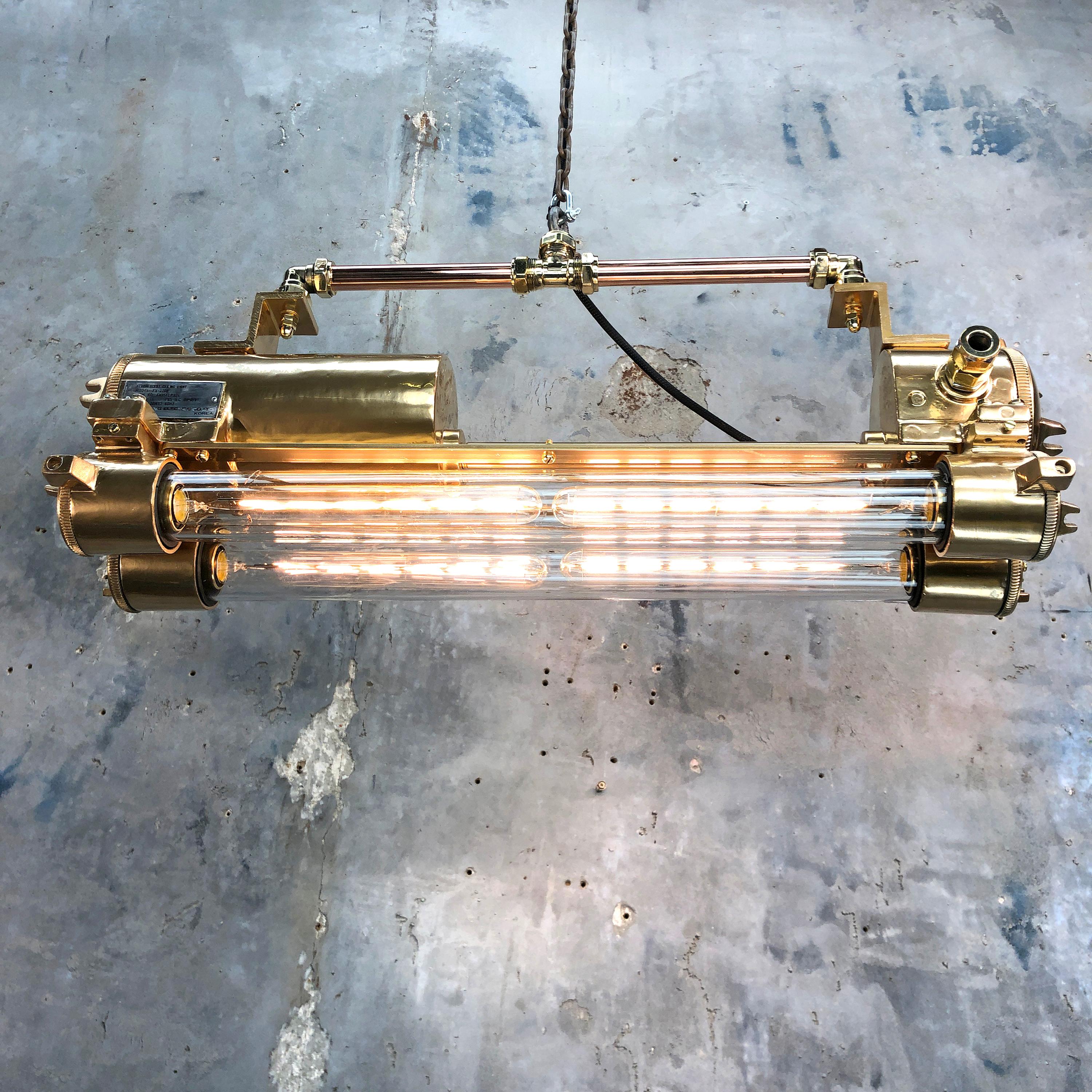 1970s Industrial Gold and Polished Brass and Glass Flameproof Edison Tube Light In Good Condition In Leicester, Leicestershire