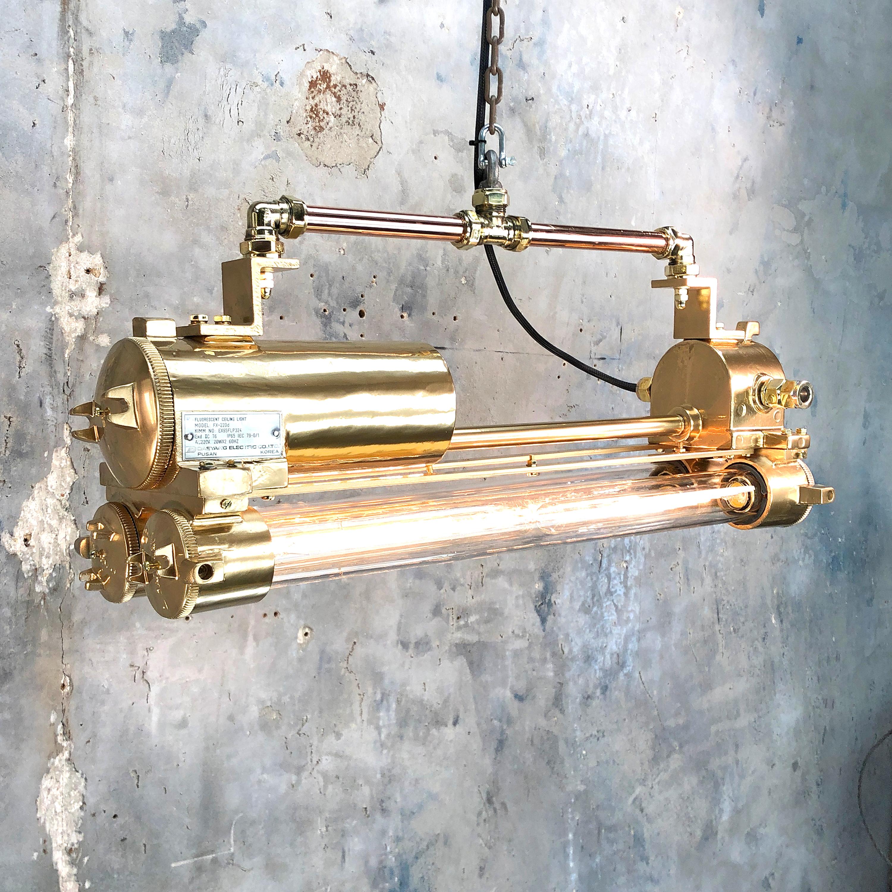 20th Century 1970s Industrial Gold and Polished Brass and Glass Flameproof Edison Tube Light