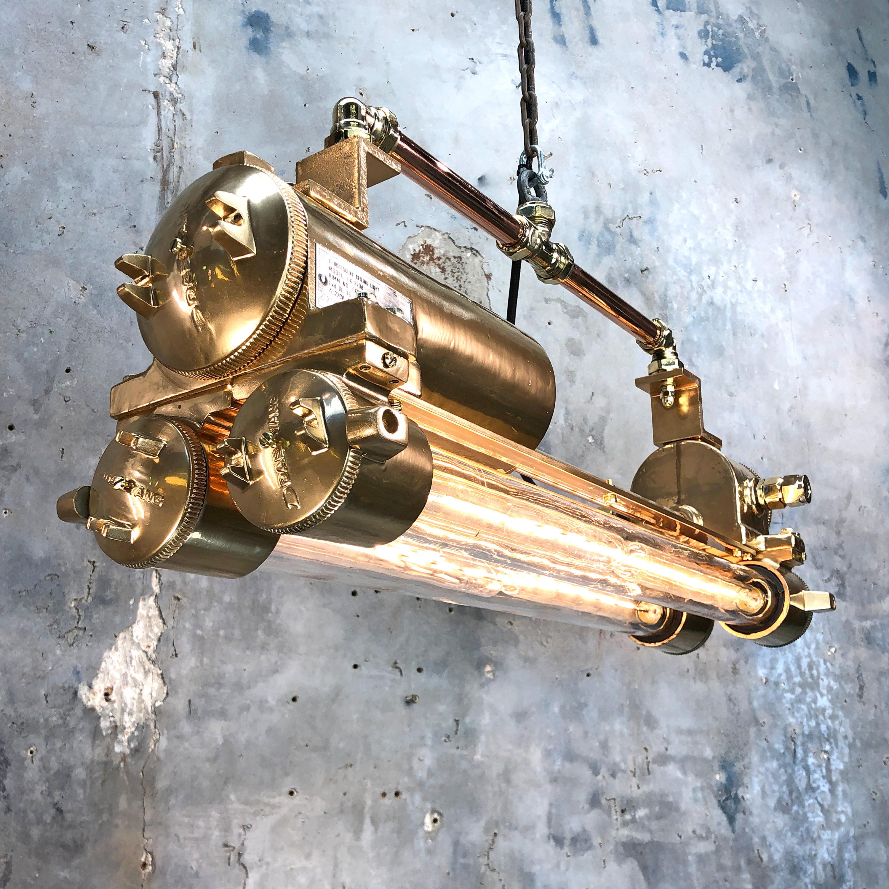 Aluminum 1970s Industrial Gold and Polished Brass and Glass Flameproof Edison Tube Light