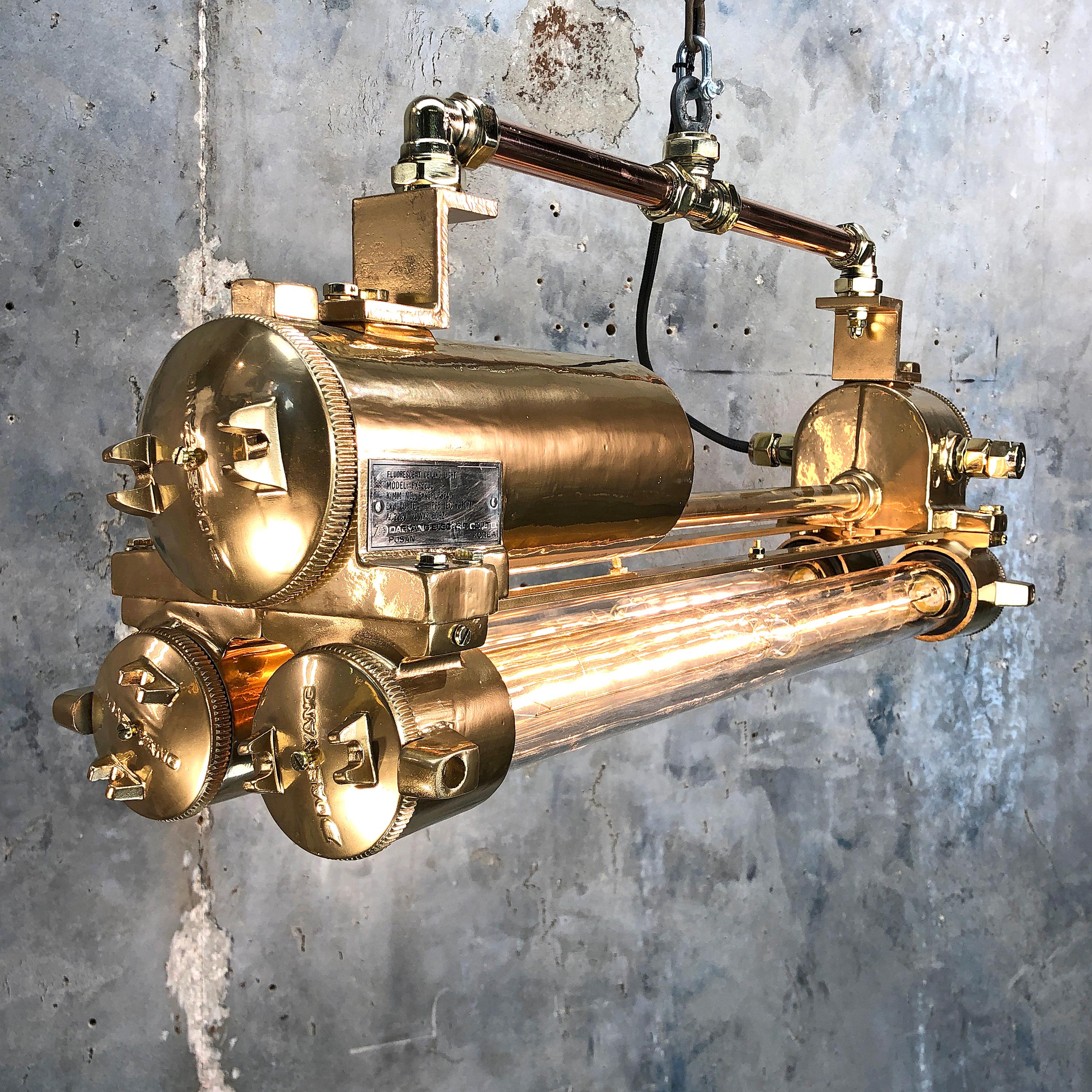 1970s Industrial Gold and Polished Brass and Glass Flameproof Edison Tube Light 1