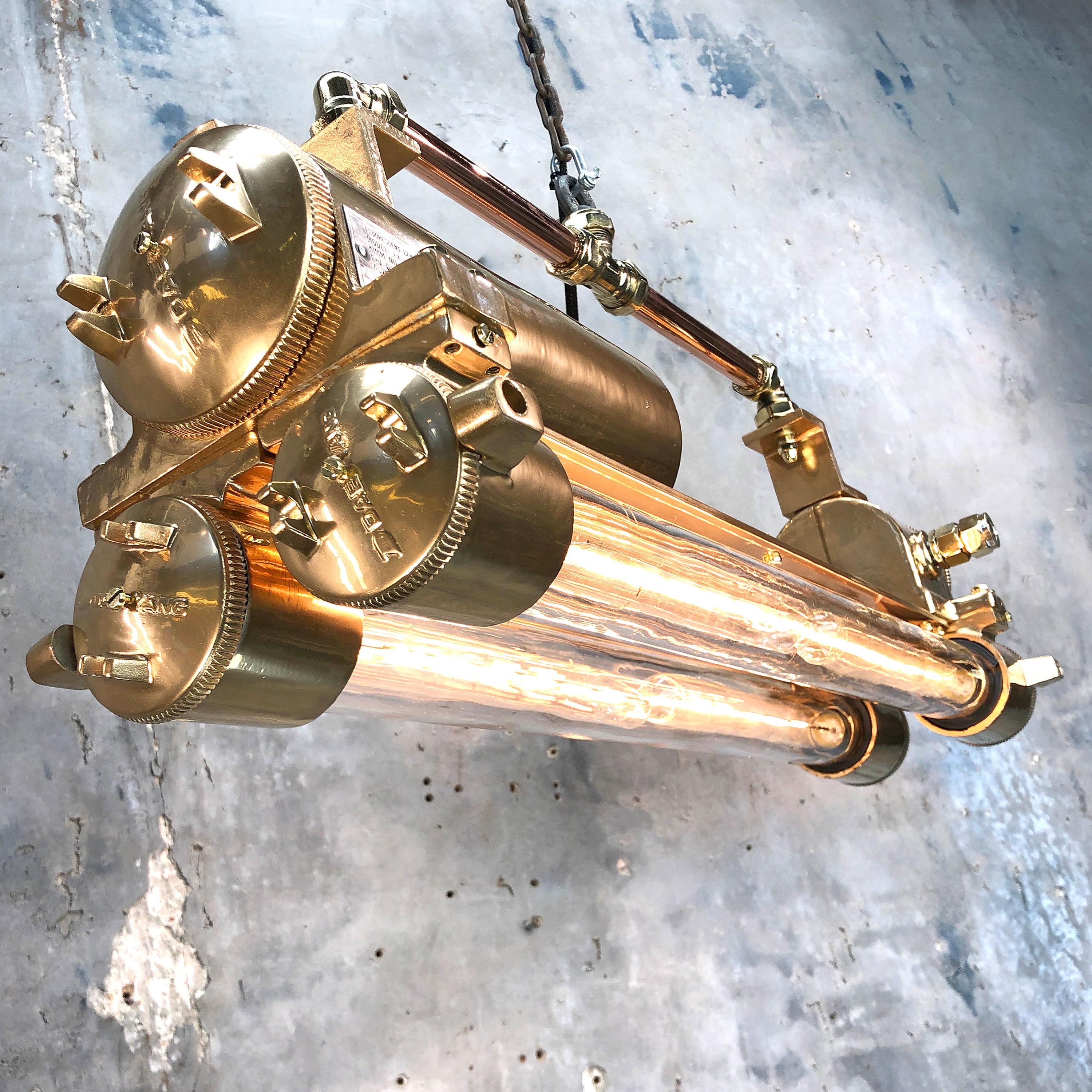 1970s Industrial Gold and Polished Brass and Glass Flameproof Edison Tube Light 2