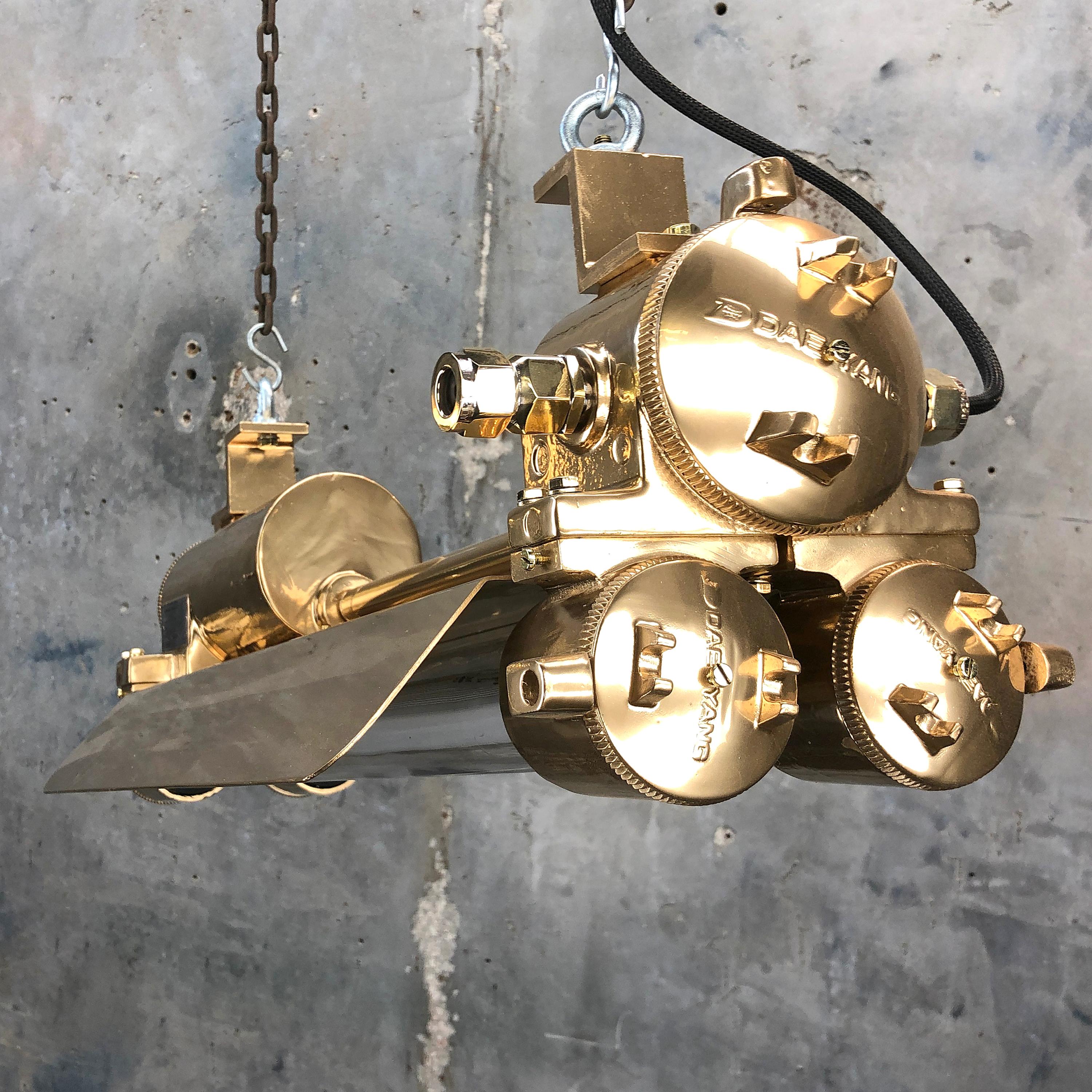 1970s Industrial Gold, Polished Brass Flameproof Strip Light with Glass Shades 10