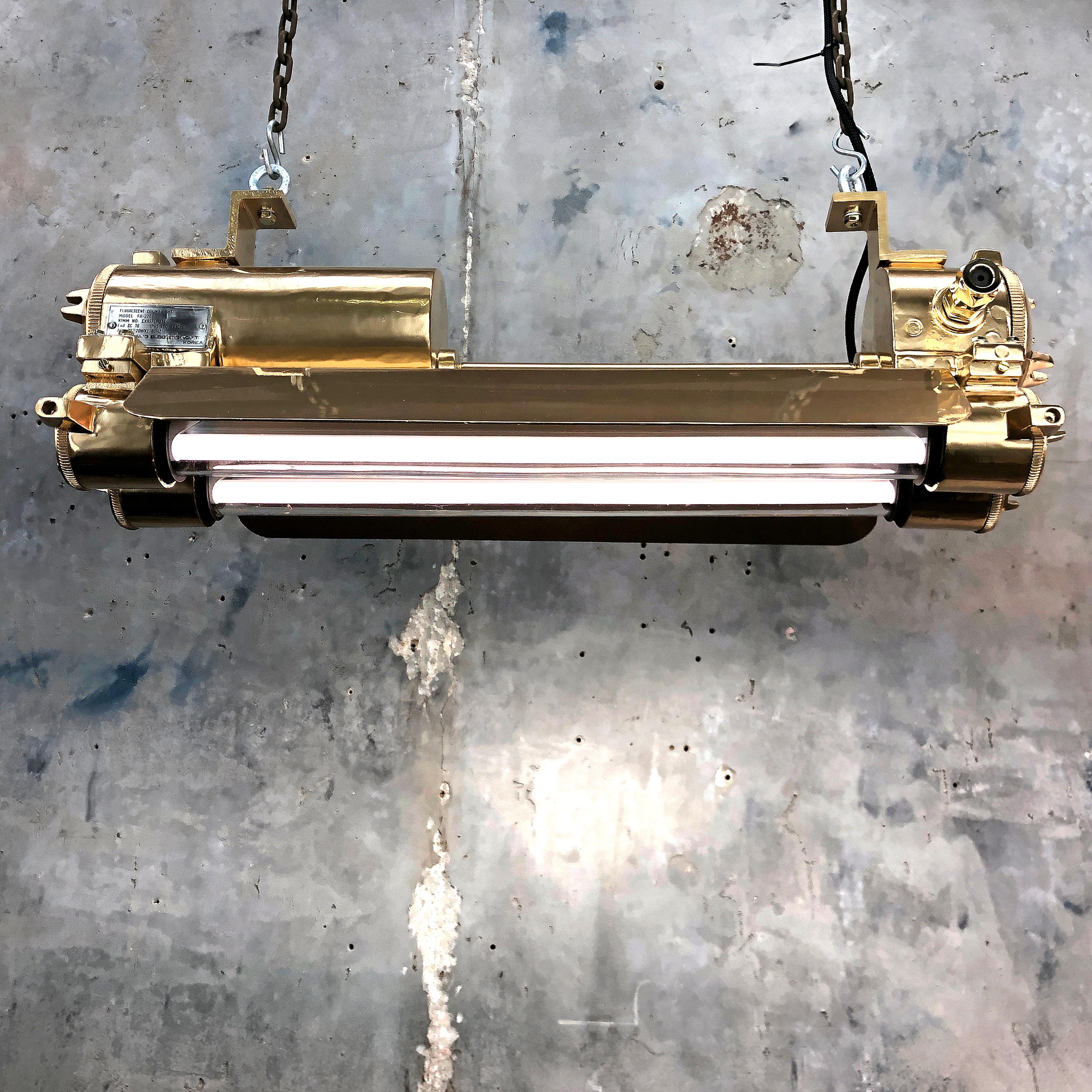 1970s Industrial Gold, Polished Brass Flameproof Strip Light with Glass Shades In Good Condition In Leicester, Leicestershire