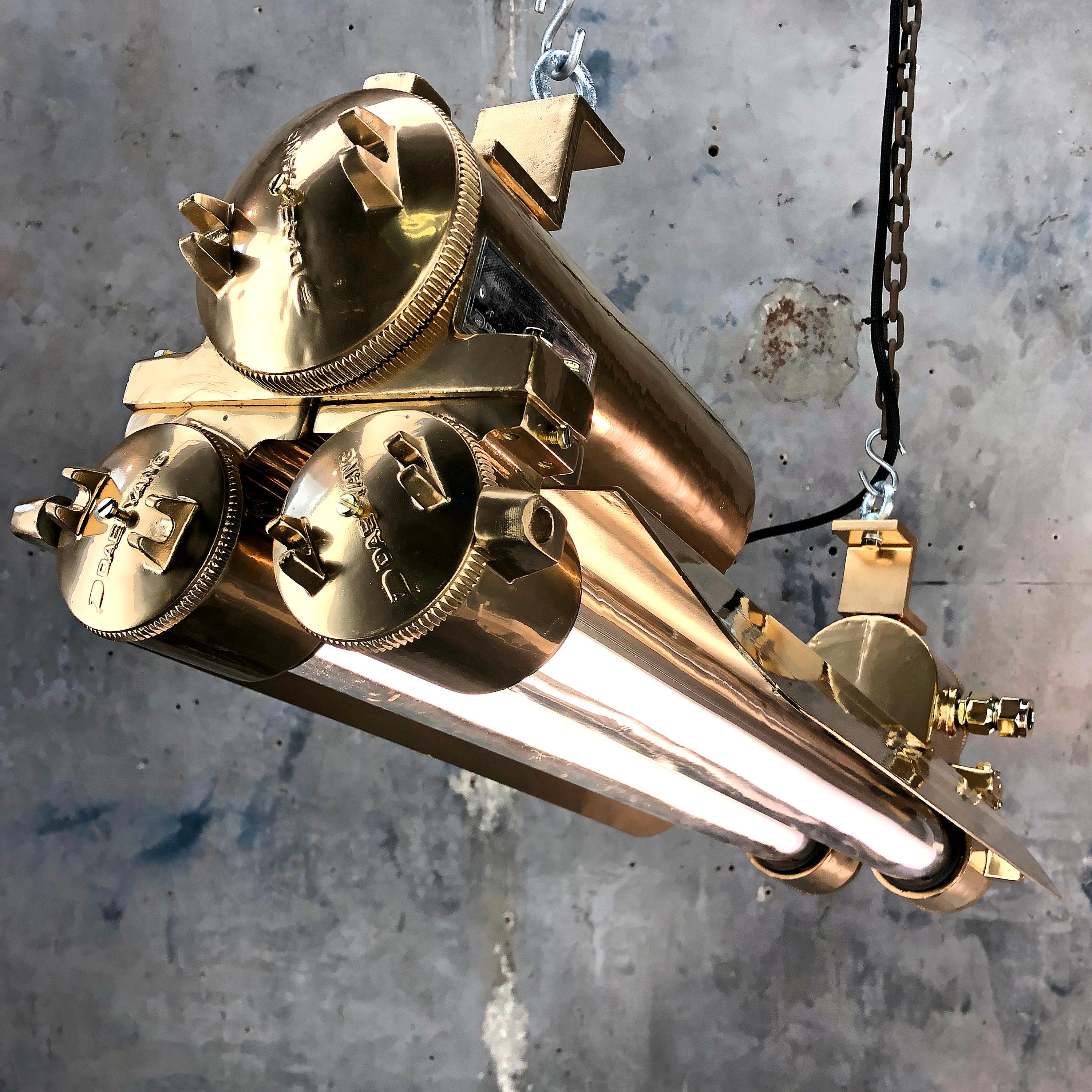 1970s Industrial Gold, Polished Brass Flameproof Strip Light with Glass Shades 2