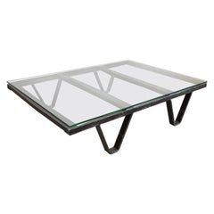 Retro 1970s Industrial Low/Occasional/Coffee Table with Thick Glass Top