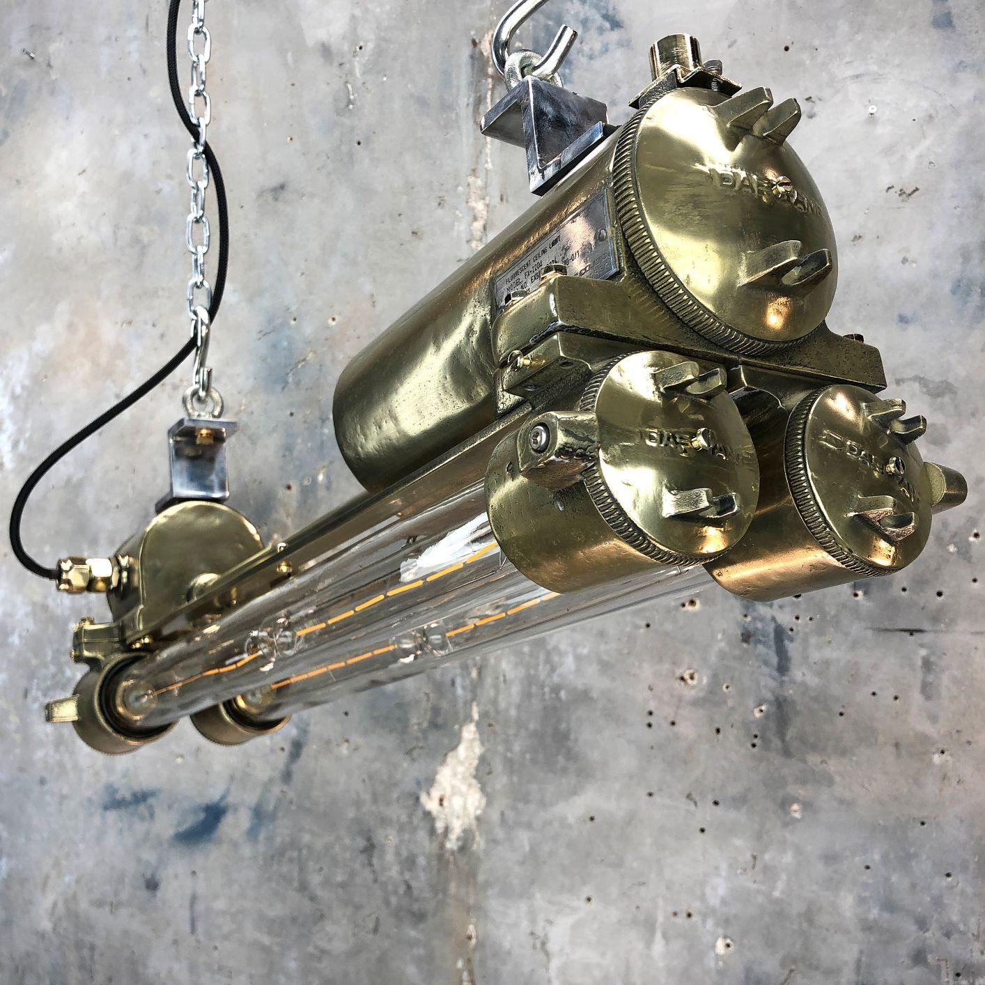 1970s Industrial Polished Brass and Glass Flameproof Edison Striplight For Sale 3