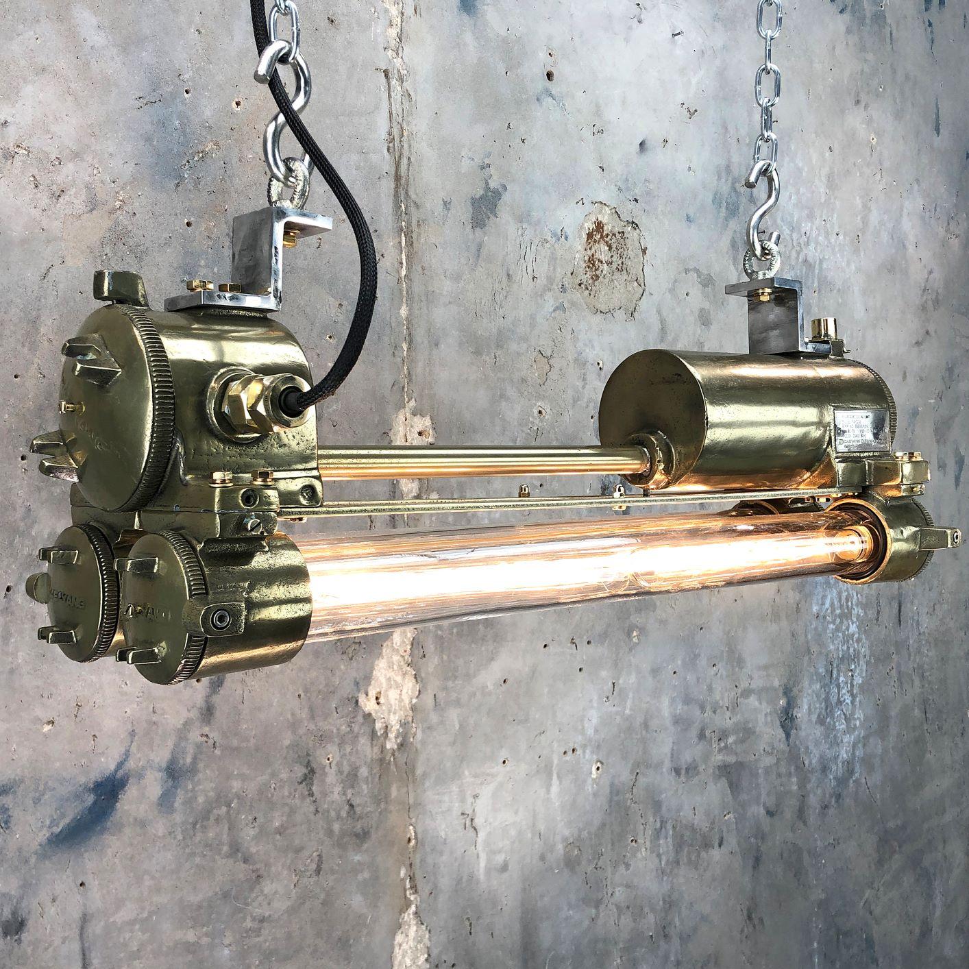 1970s Industrial Polished Brass and Glass Flameproof Edison Striplight For Sale 9