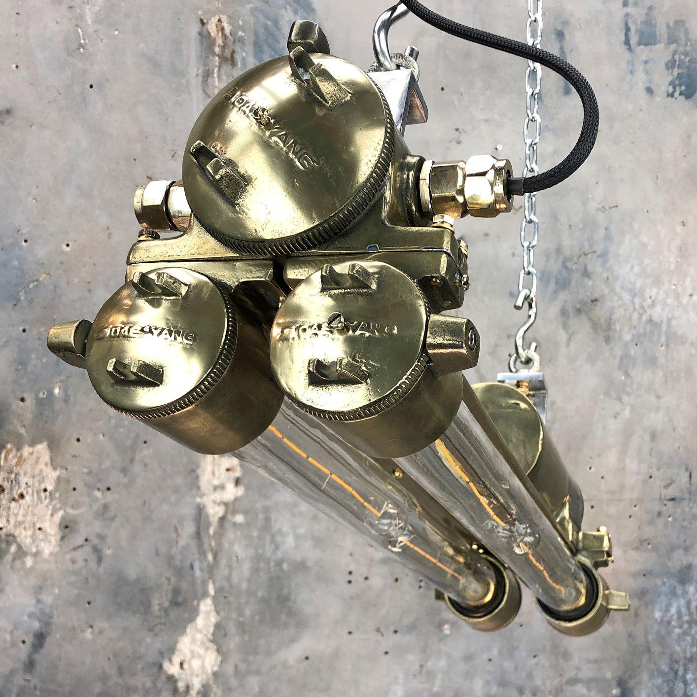 1970s Industrial Polished Brass and Glass Flameproof Edison Striplight In Good Condition For Sale In Leicester, Leicestershire