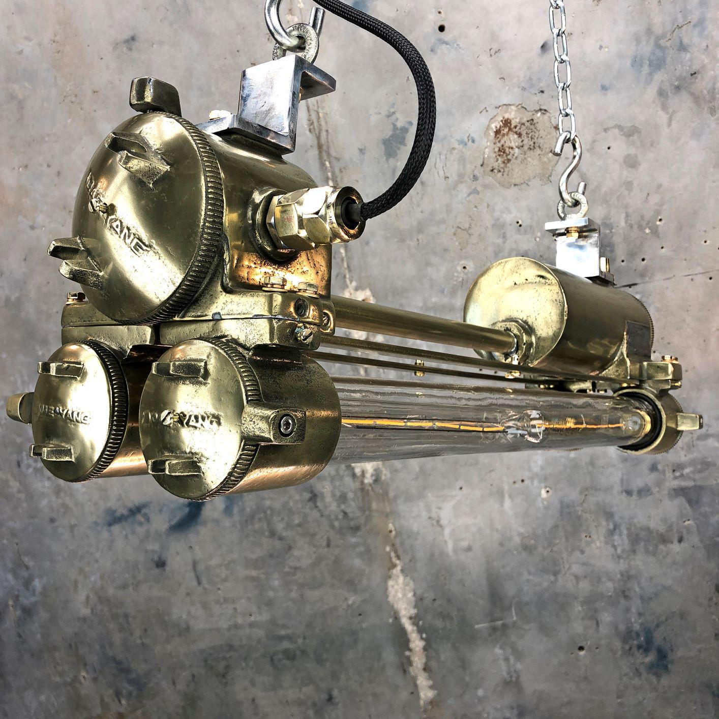 Aluminum 1970s Industrial Polished Brass and Glass Flameproof Edison Striplight